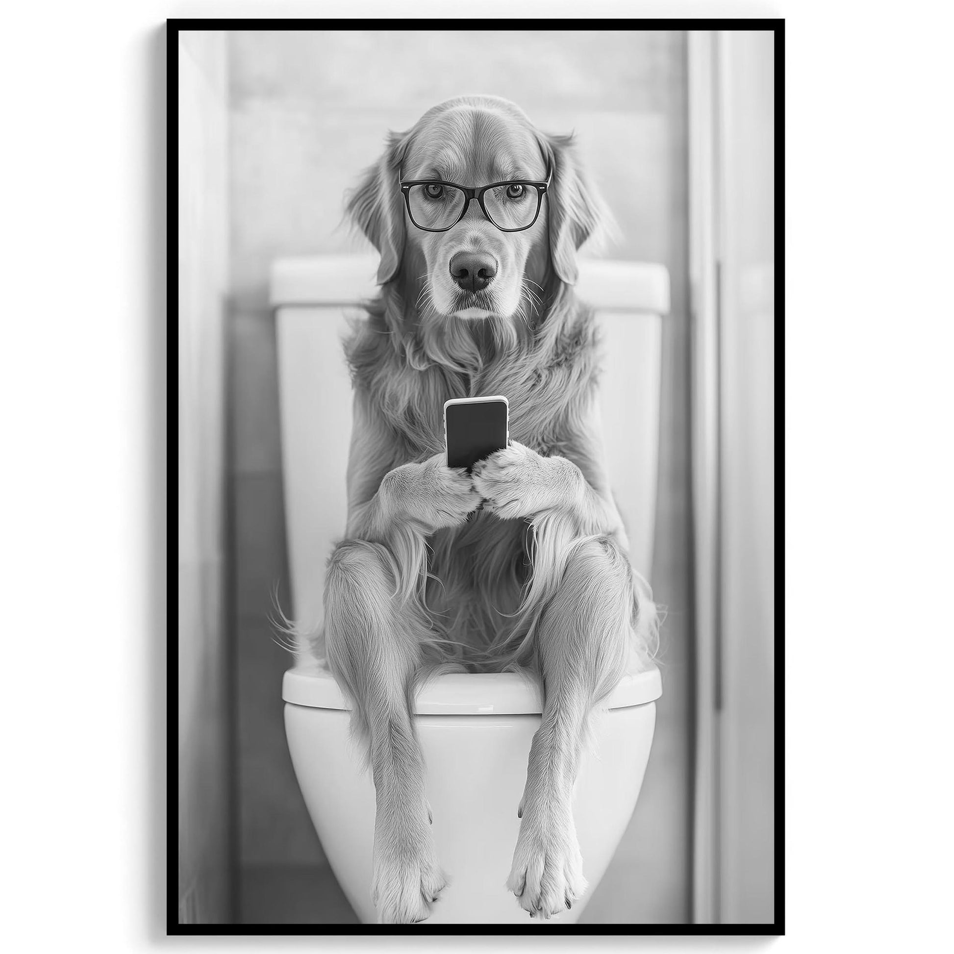 Golden Retriever On Toilet Print Dog Poster, Trendy Dog Art, Funny Bathroom Wall Decor - Black and White Wall Art