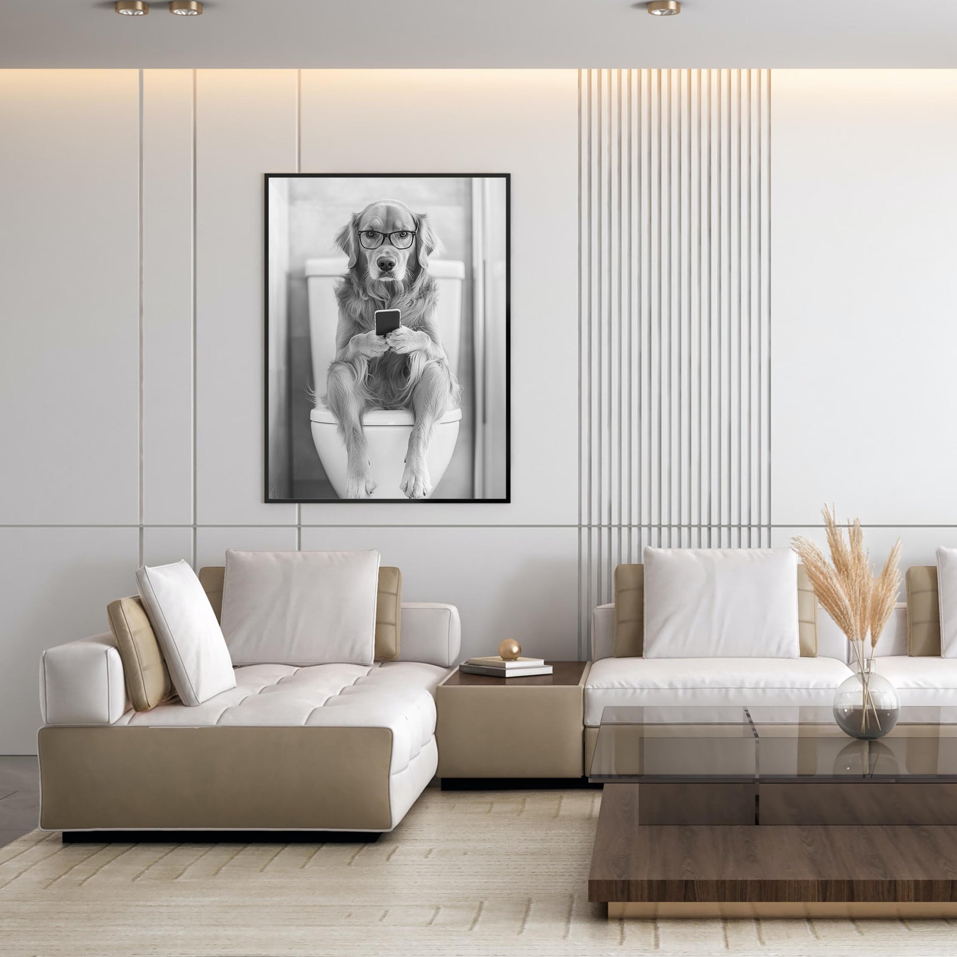 Golden Retriever On Toilet Print Dog Poster, Trendy Dog Art, Funny Bathroom Wall Decor - Black and White Wall Art