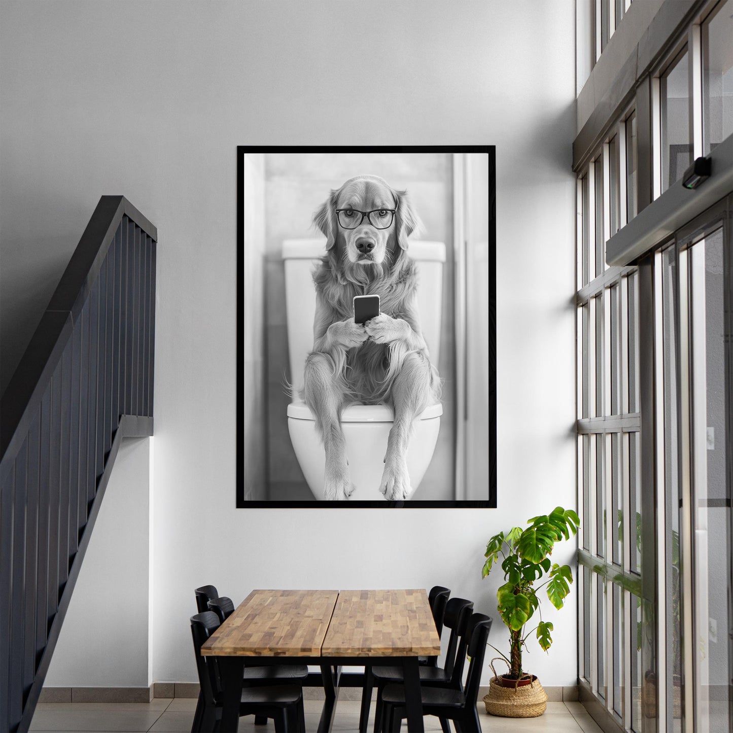 Golden Retriever On Toilet Print Dog Poster, Trendy Dog Art, Funny Bathroom Wall Decor - Black and White Wall Art