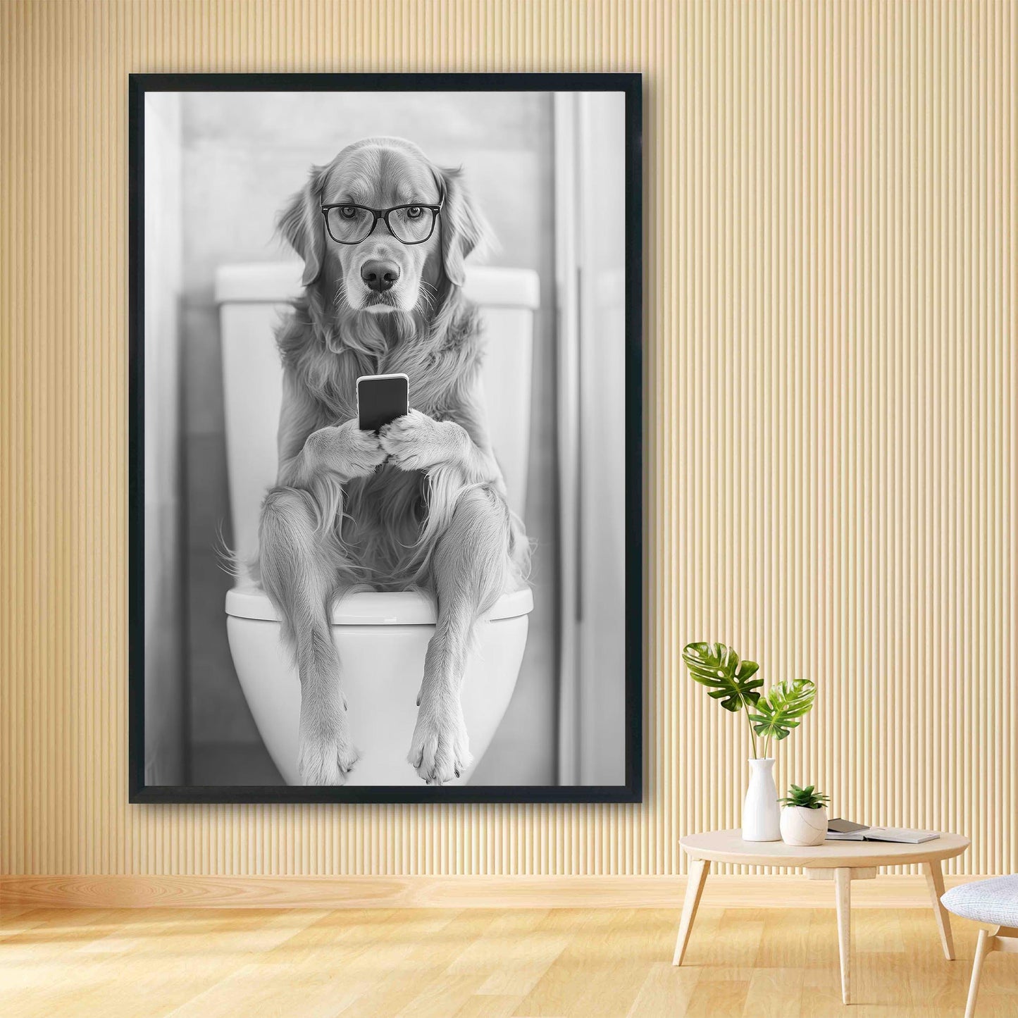 Golden Retriever On Toilet Print Dog Poster, Trendy Dog Art, Funny Bathroom Wall Decor - Black and White Wall Art