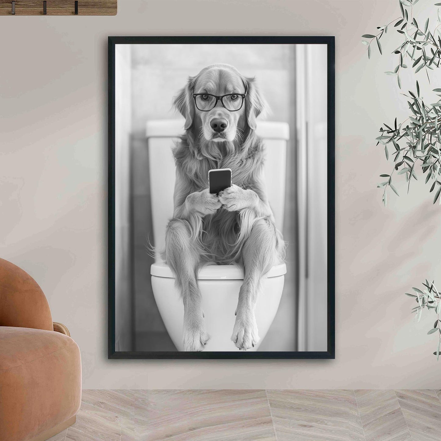 Golden Retriever On Toilet Print Dog Poster, Trendy Dog Art, Funny Bathroom Wall Decor - Black and White Wall Art