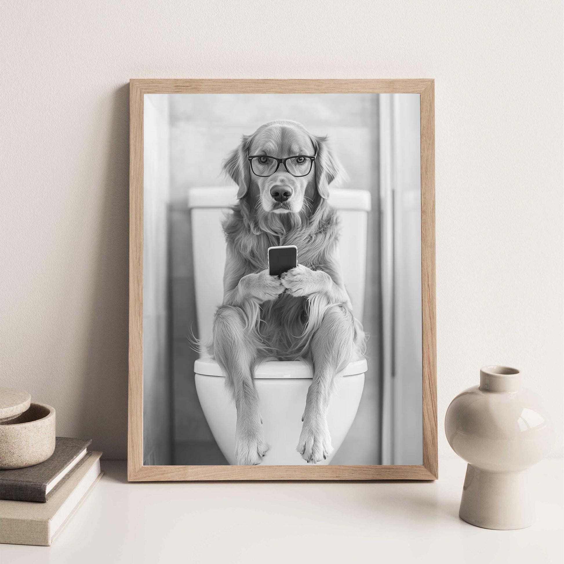 Golden Retriever On Toilet Print Dog Poster, Trendy Dog Art, Funny Bathroom Wall Decor - Black and White Wall Art