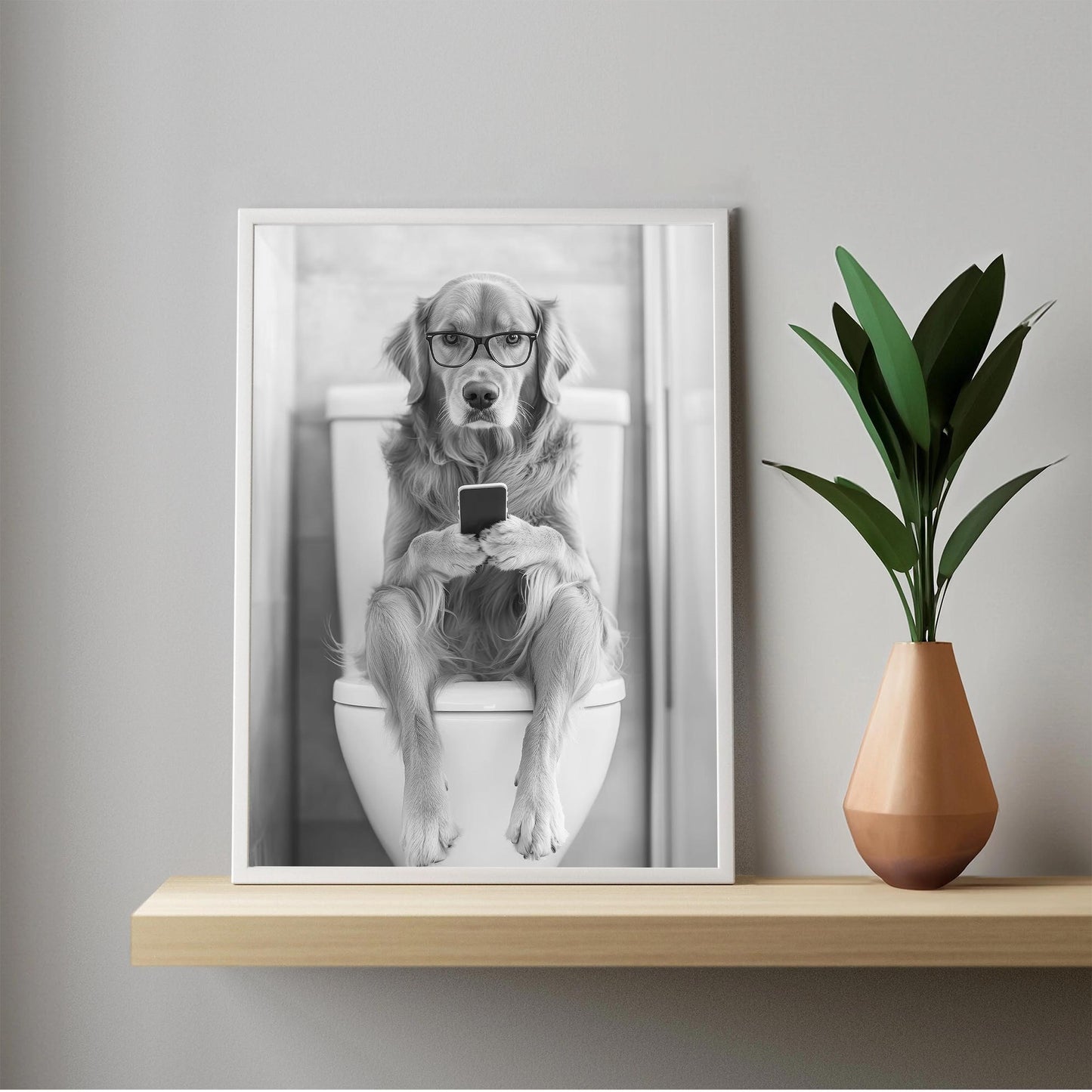 Golden Retriever On Toilet Print Dog Poster, Trendy Dog Art, Funny Bathroom Wall Decor - Black and White Wall Art