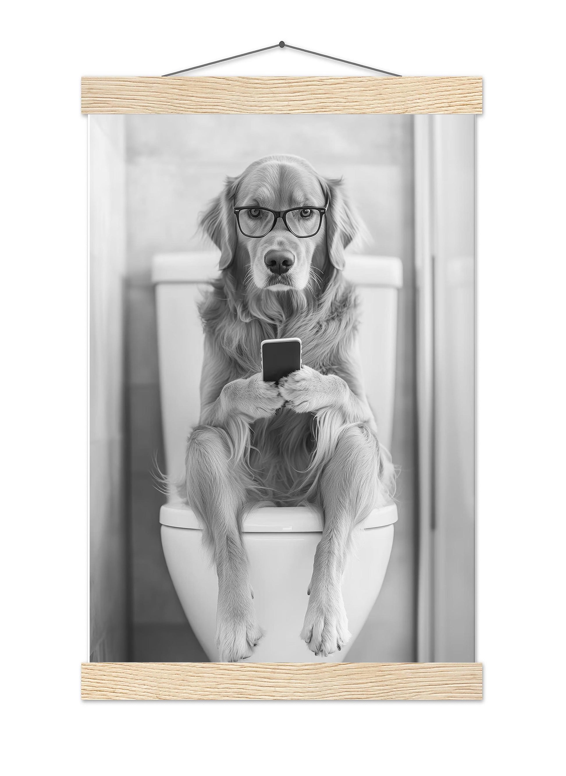 Golden Retriever On Toilet Print Dog Poster, Trendy Dog Art, Funny Bathroom Wall Decor - Black and White Wall Art