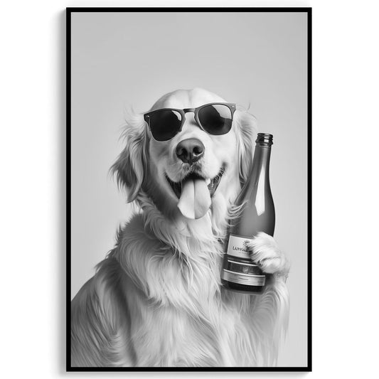 Golden Retriever Wine Bottle Art Funny Bar Car Print, Dog Poster - Black and White Wall Art