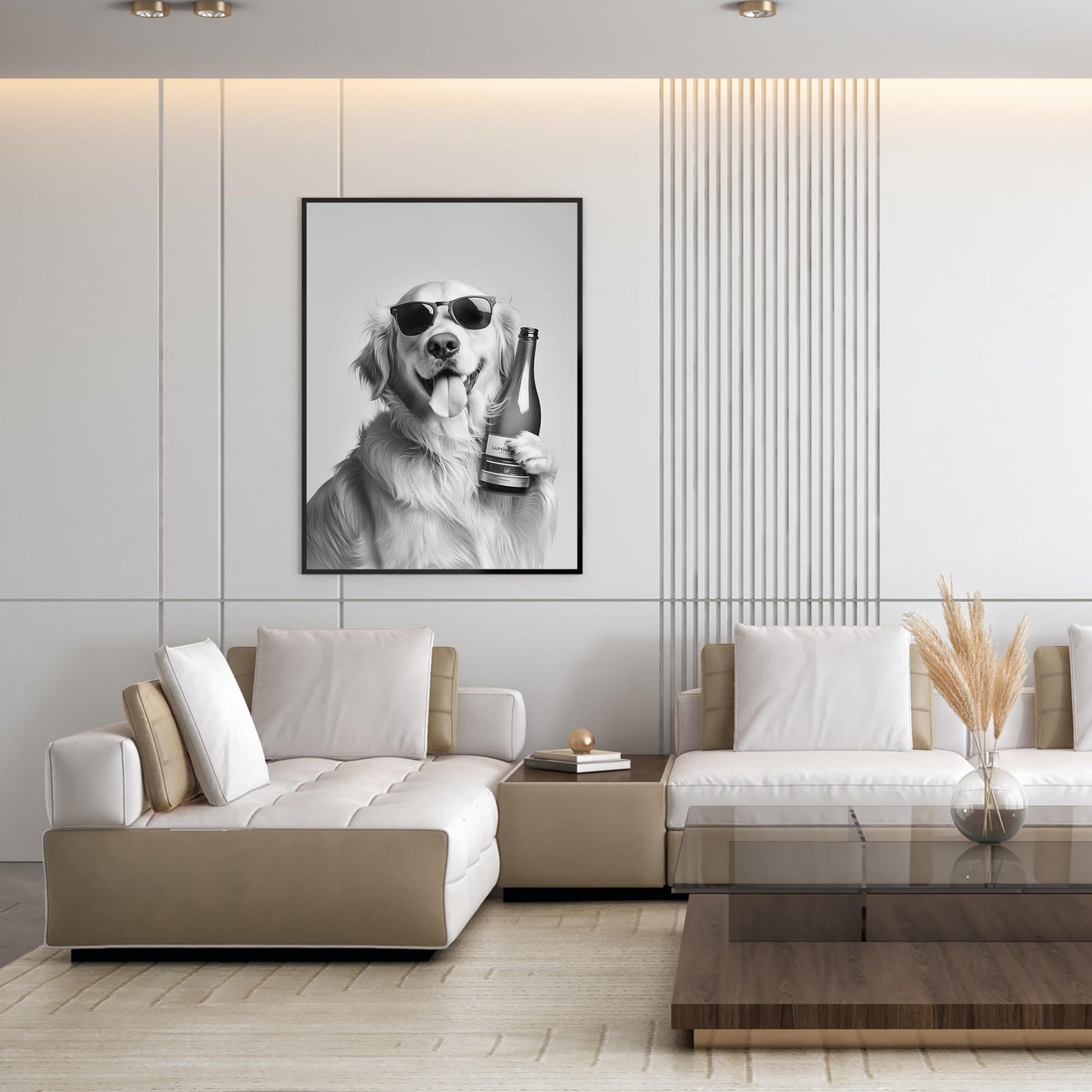 Golden Retriever Wine Bottle Art Funny Bar Car Print, Dog Poster - Black and White Wall Art