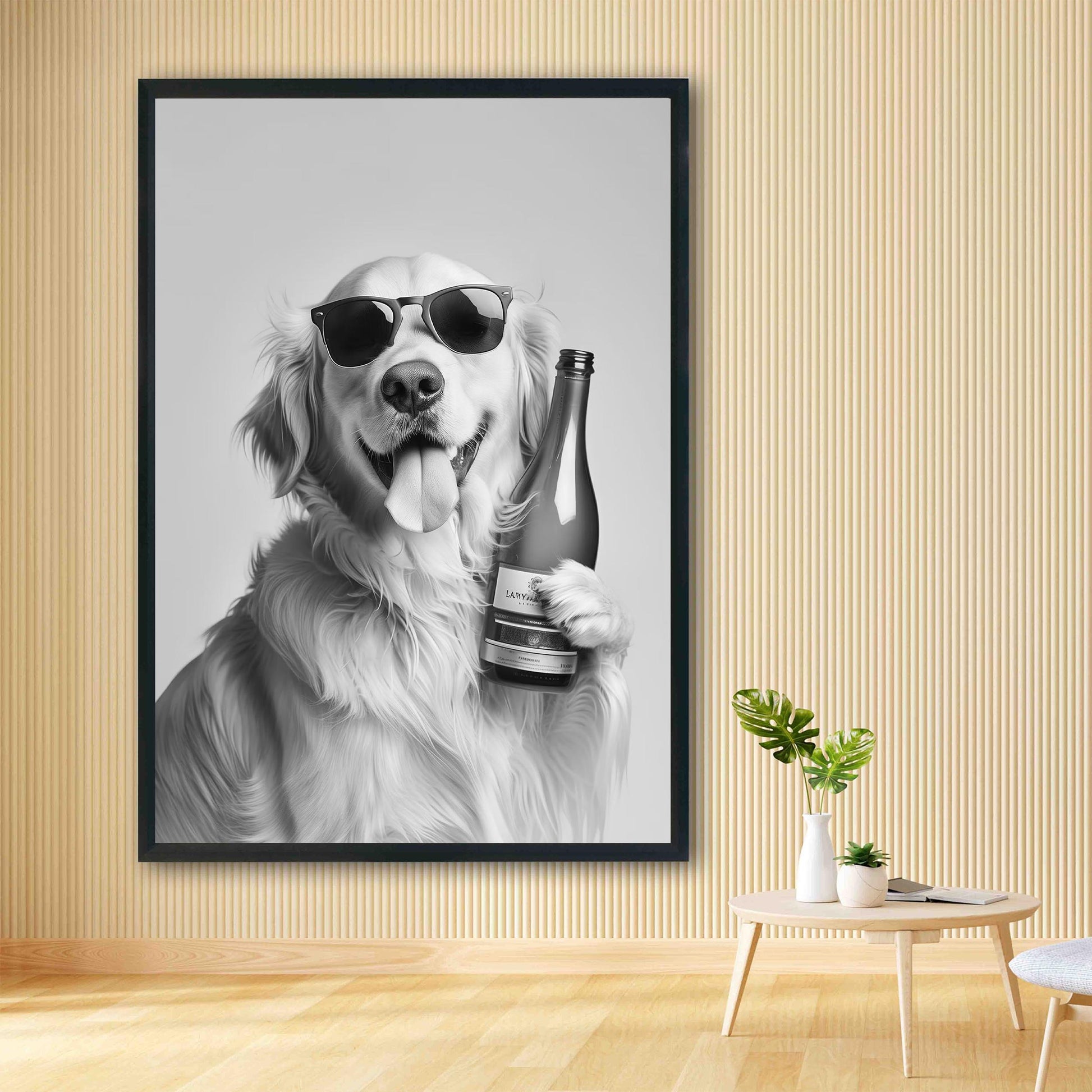 Golden Retriever Wine Bottle Art Funny Bar Car Print, Dog Poster - Black and White Wall Art