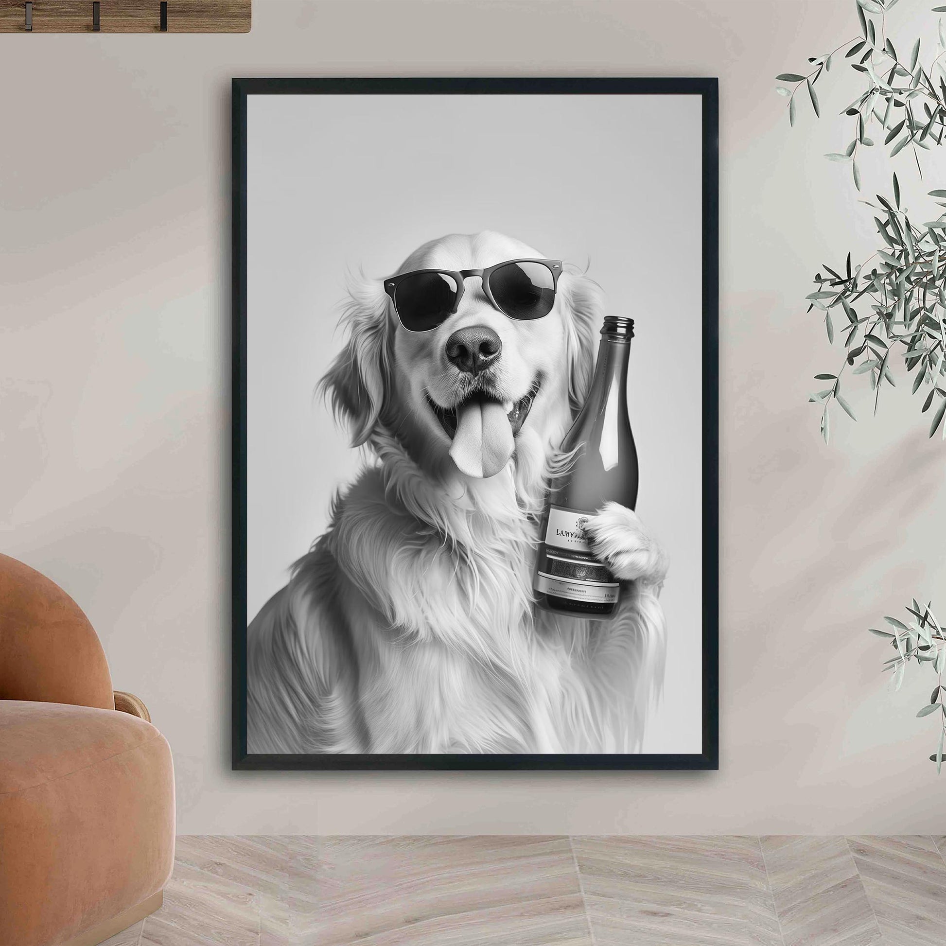 Golden Retriever Wine Bottle Art Funny Bar Car Print, Dog Poster - Black and White Wall Art