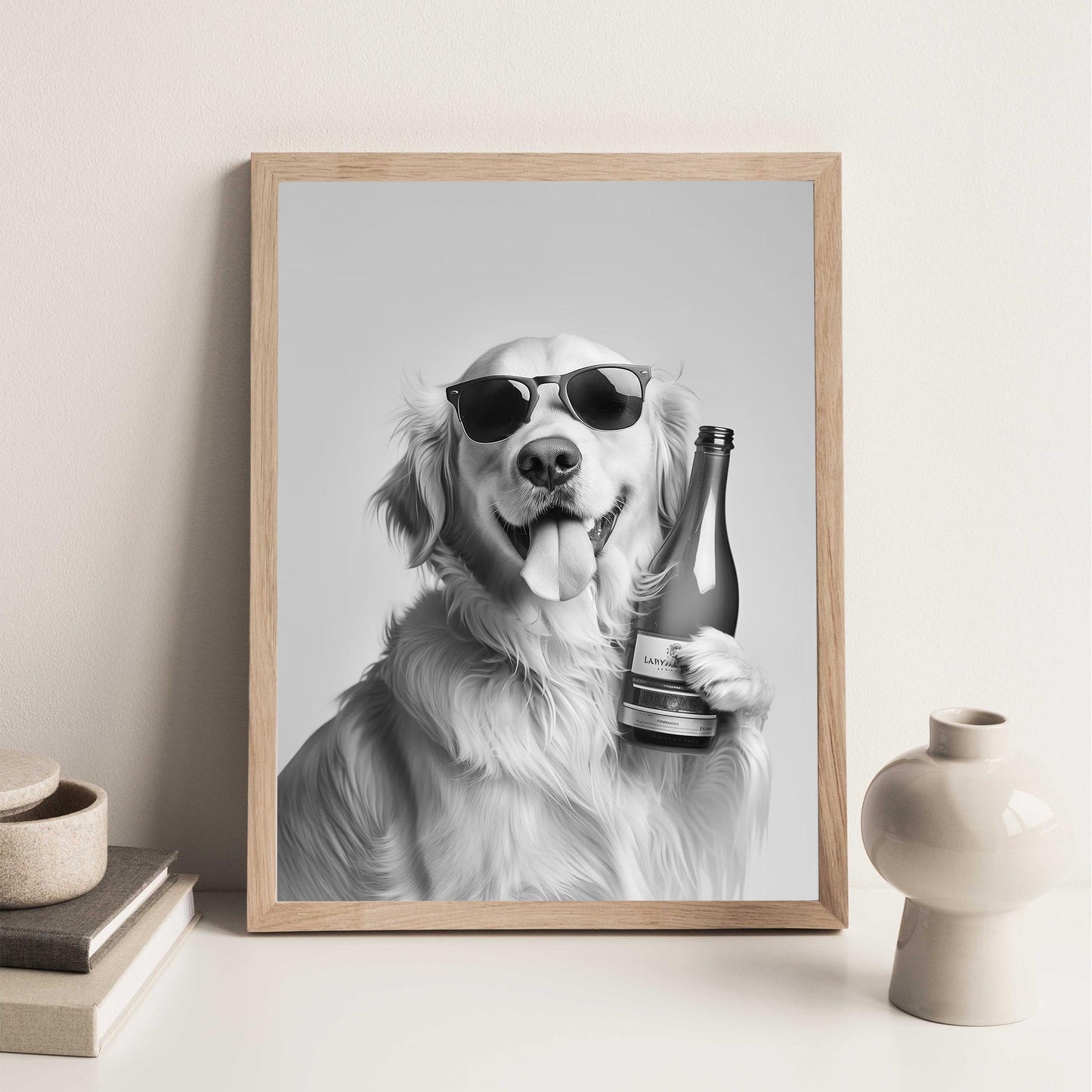 Golden Retriever Wine Bottle Art Funny Bar Car Print, Dog Poster - Black and White Wall Art