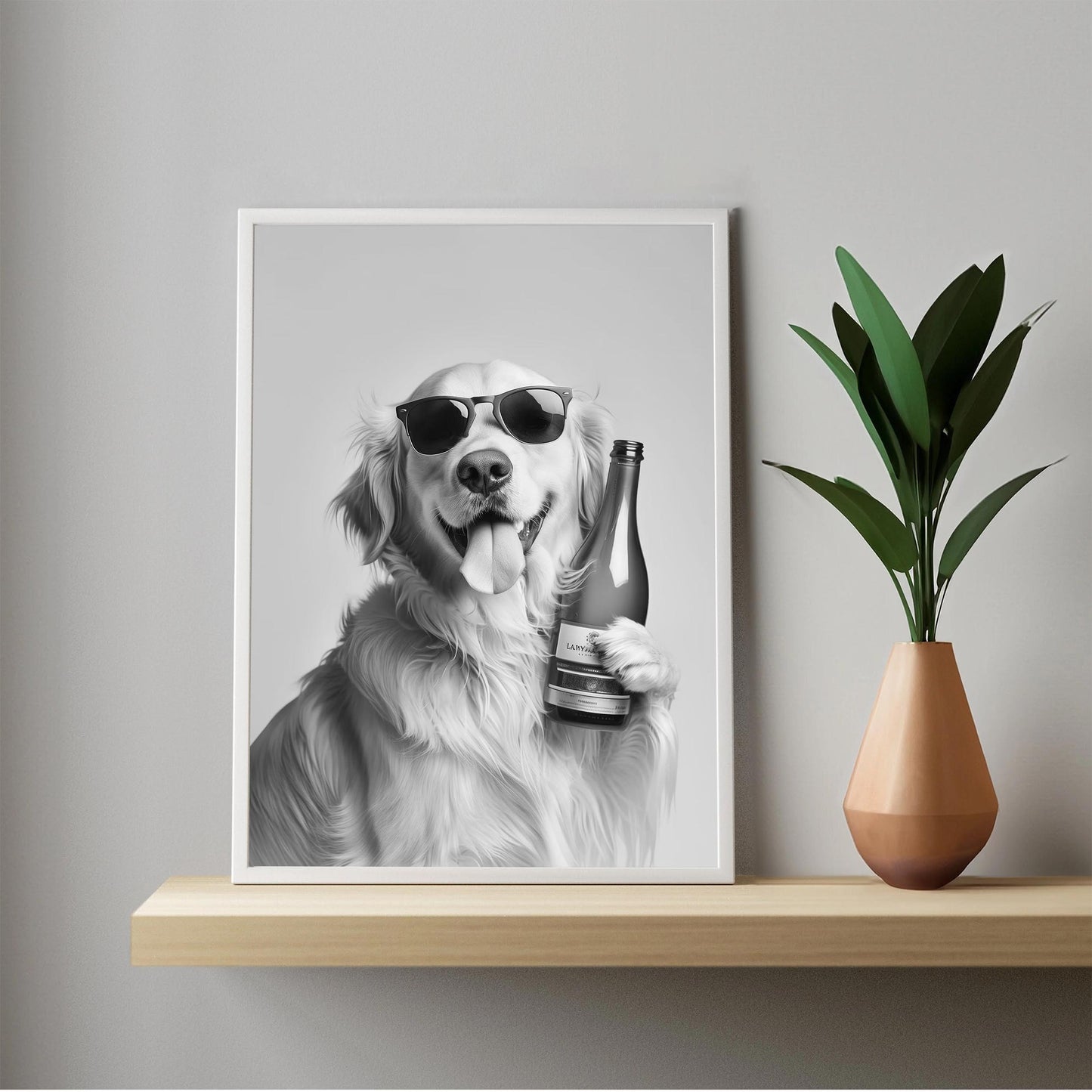 Golden Retriever Wine Bottle Art Funny Bar Car Print, Dog Poster - Black and White Wall Art