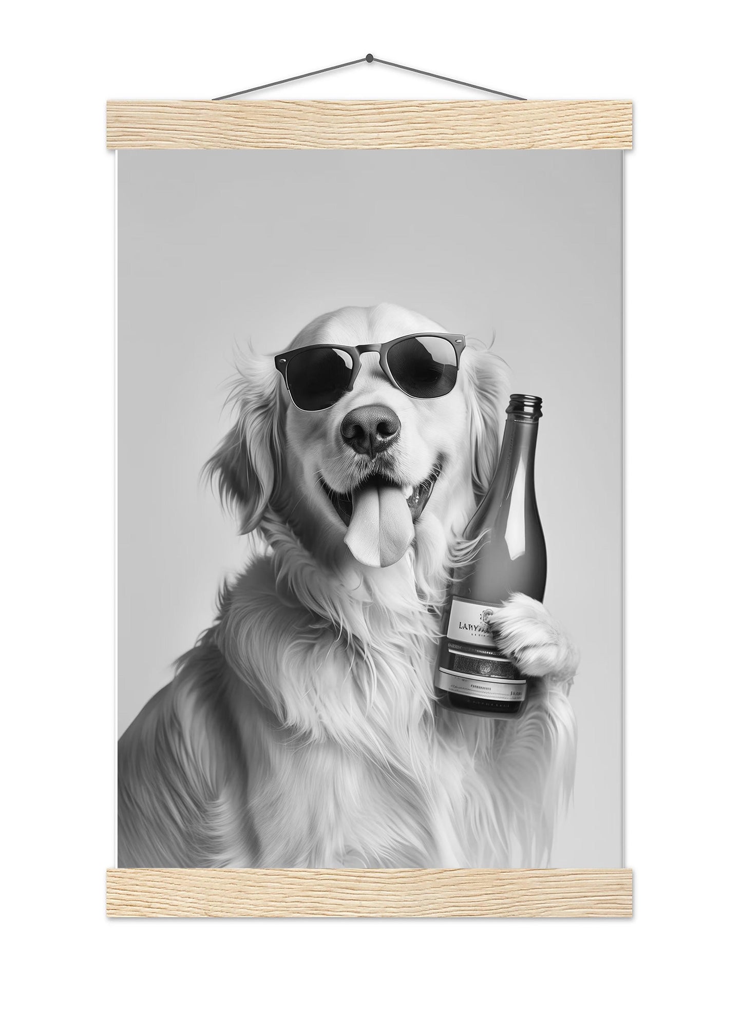 Golden Retriever Wine Bottle Art Funny Bar Car Print, Dog Poster - Black and White Wall Art