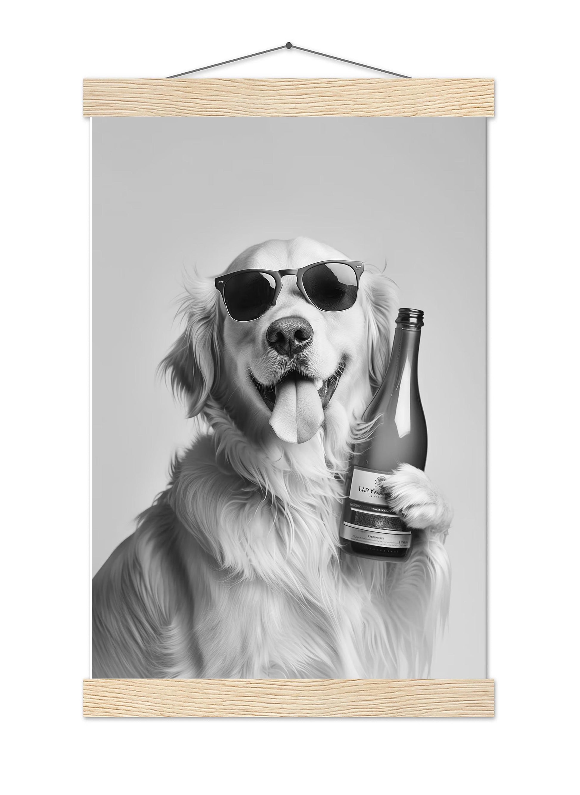 Golden Retriever Wine Bottle Art Funny Bar Car Print, Dog Poster - Black and White Wall Art