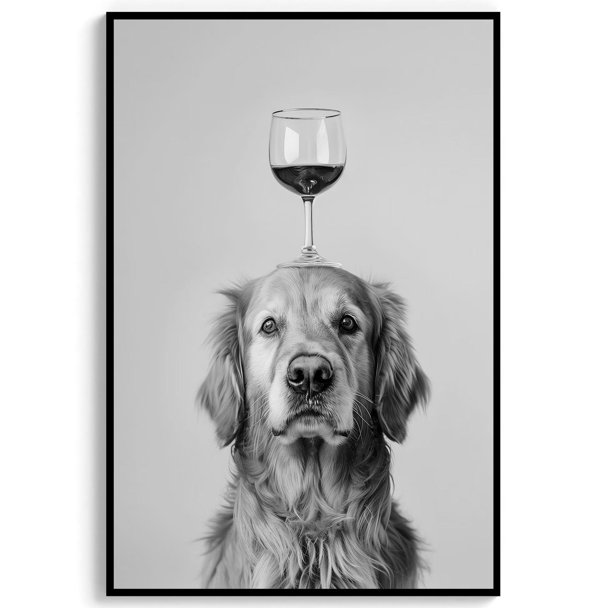Golden Retriever Wine Wall Art Funny Dog Balancing Glass Print, Bar Cart Poster, Black and White Kitchen Decor