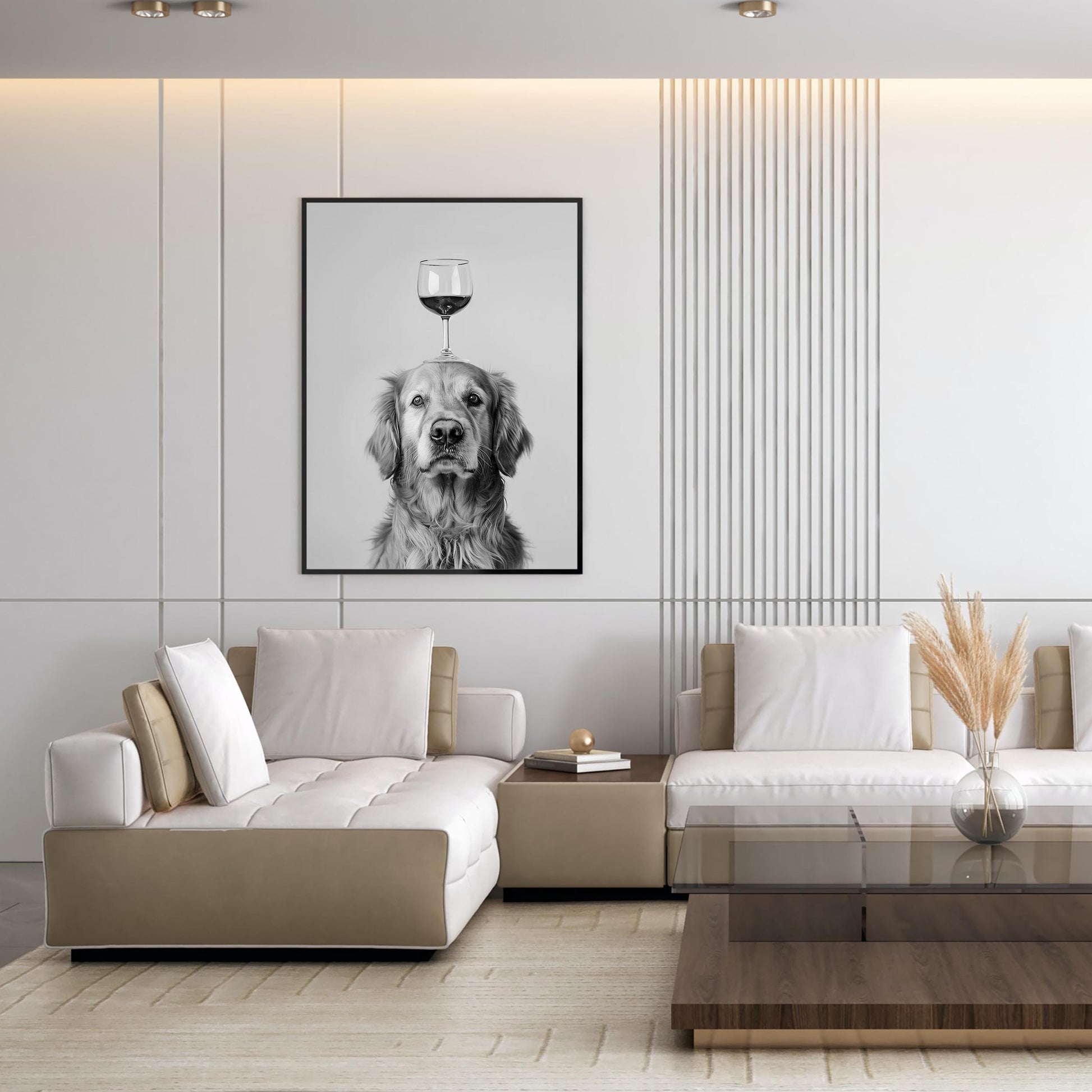 Golden Retriever Wine Wall Art Funny Dog Balancing Glass Print, Bar Cart Poster, Black and White Kitchen Decor