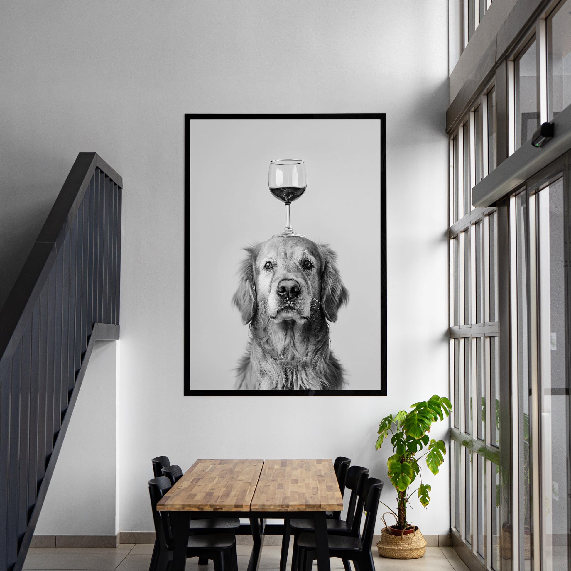 Golden Retriever Wine Wall Art Funny Dog Balancing Glass Print, Bar Cart Poster, Black and White Kitchen Decor