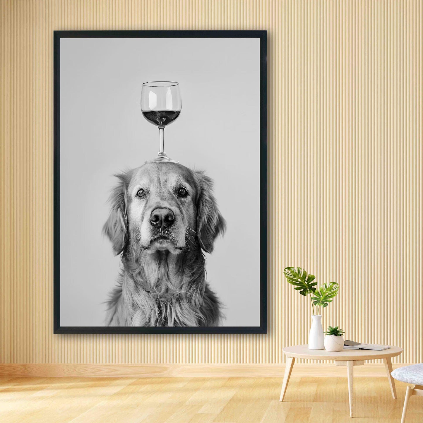 Golden Retriever Wine Wall Art Funny Dog Balancing Glass Print, Bar Cart Poster, Black and White Kitchen Decor