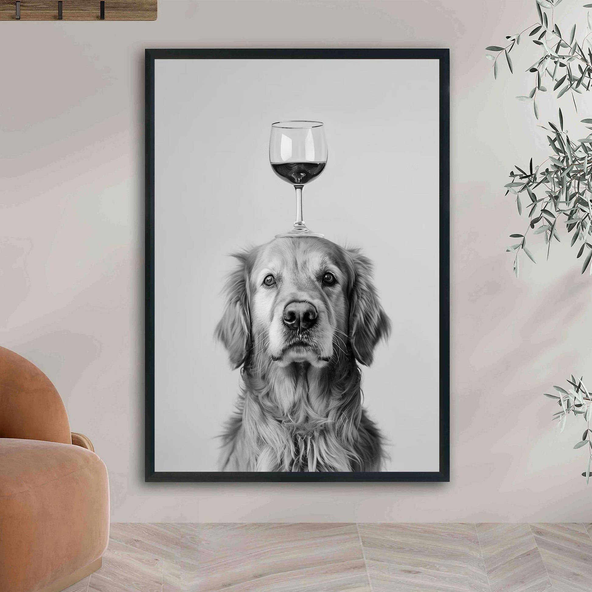Golden Retriever Wine Wall Art Funny Dog Balancing Glass Print, Bar Cart Poster, Black and White Kitchen Decor