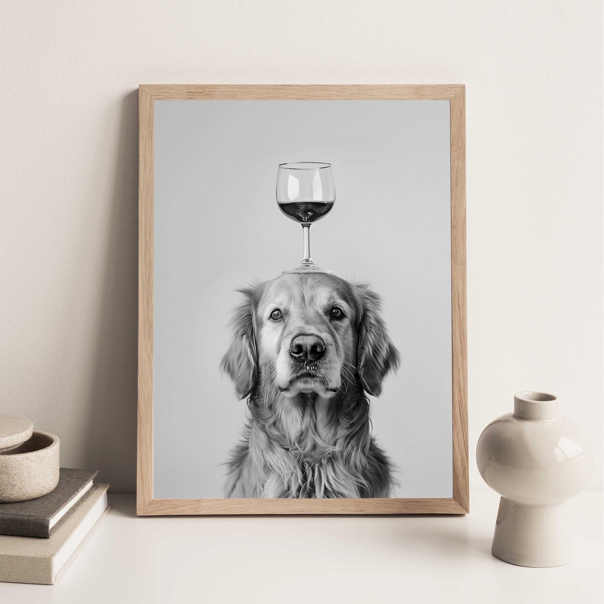 Golden Retriever Wine Wall Art Funny Dog Balancing Glass Print, Bar Cart Poster, Black and White Kitchen Decor