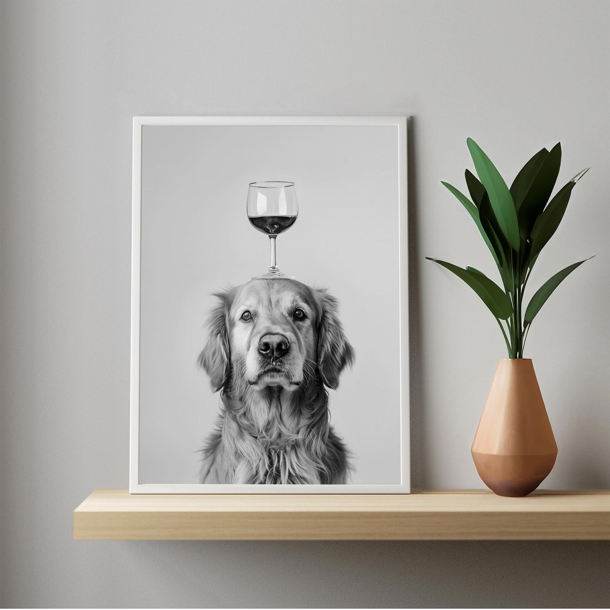 Golden Retriever Wine Wall Art Funny Dog Balancing Glass Print, Bar Cart Poster, Black and White Kitchen Decor