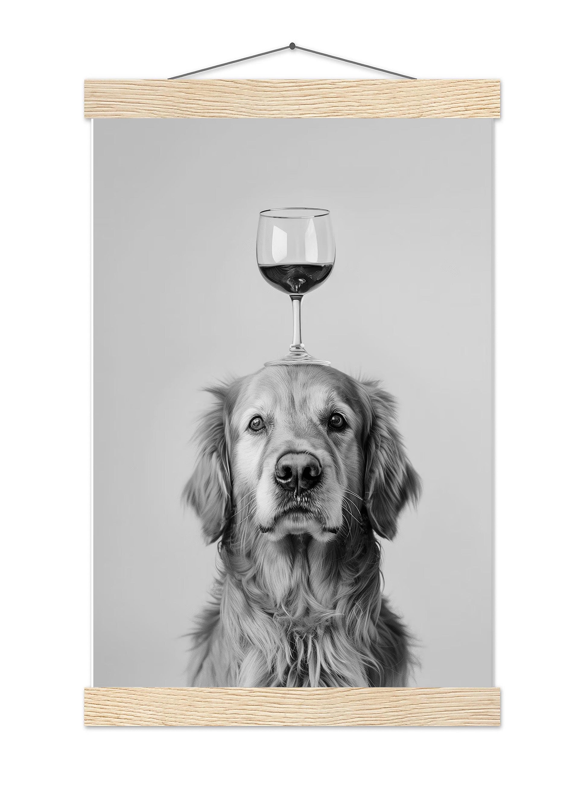 Golden Retriever Wine Wall Art Funny Dog Balancing Glass Print, Bar Cart Poster, Black and White Kitchen Decor