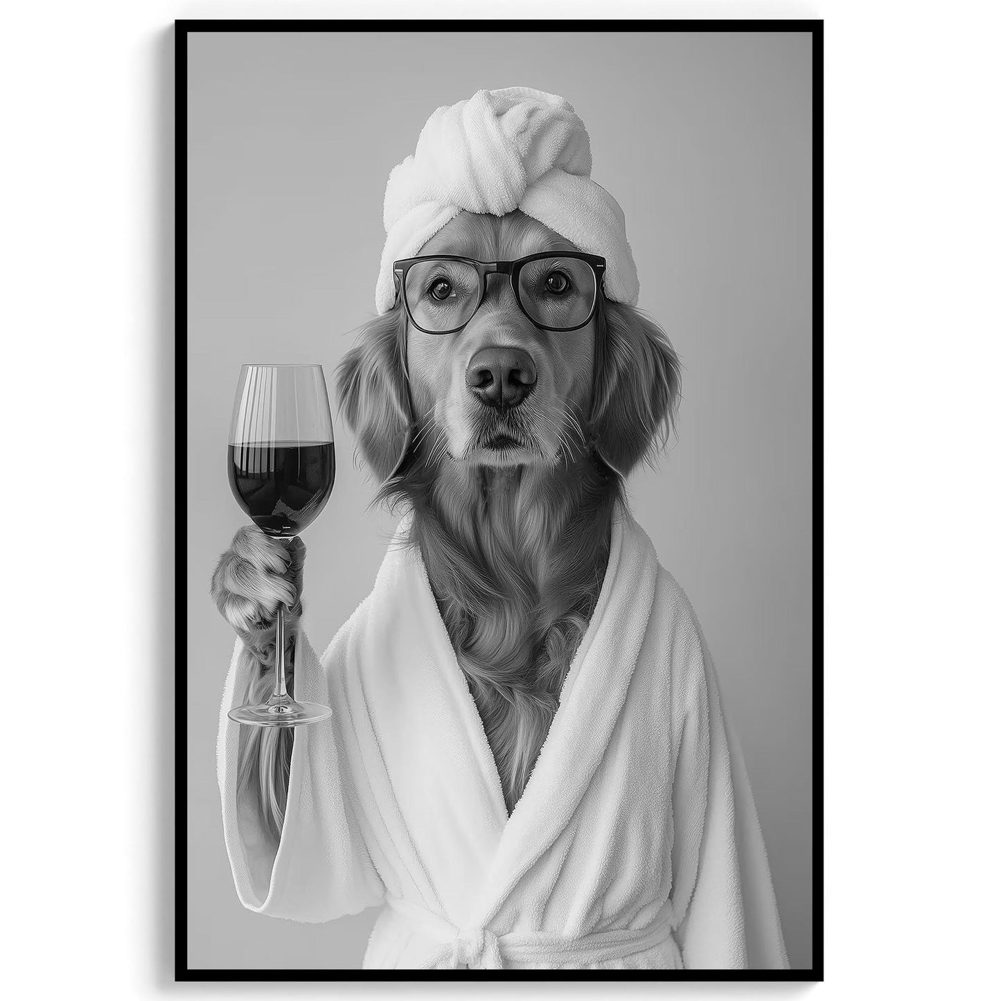 Golden Retriever in Bathrobe Dog and Wine Print, Funny Dog Spa Poster, Bathroom Wall Decor - Black and White