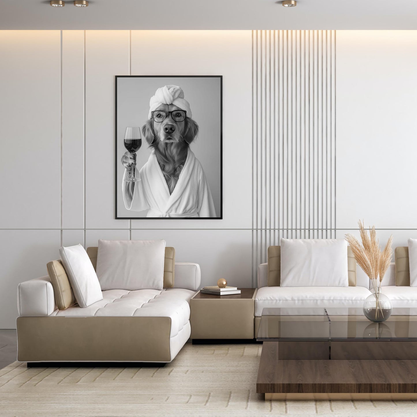 Golden Retriever in Bathrobe Dog and Wine Print, Funny Dog Spa Poster, Bathroom Wall Decor - Black and White