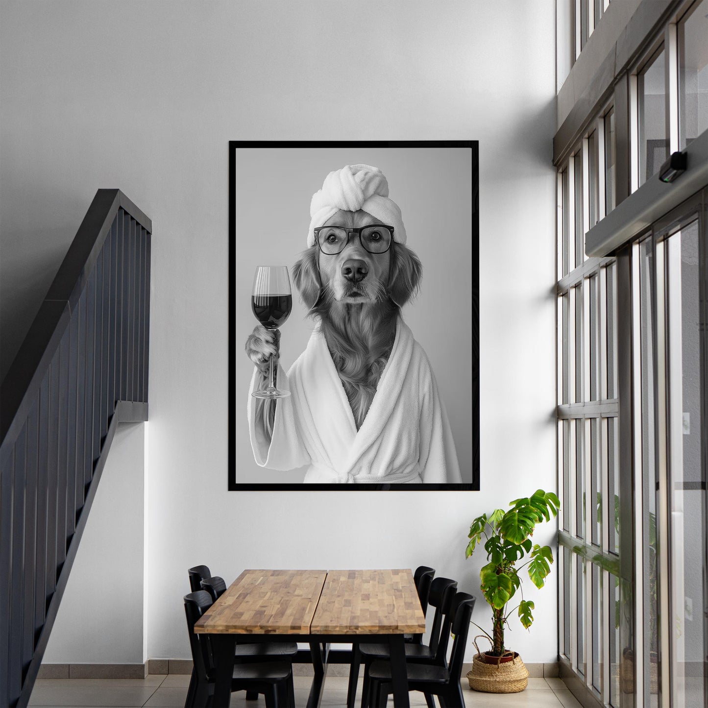Golden Retriever in Bathrobe Dog and Wine Print, Funny Dog Spa Poster, Bathroom Wall Decor - Black and White