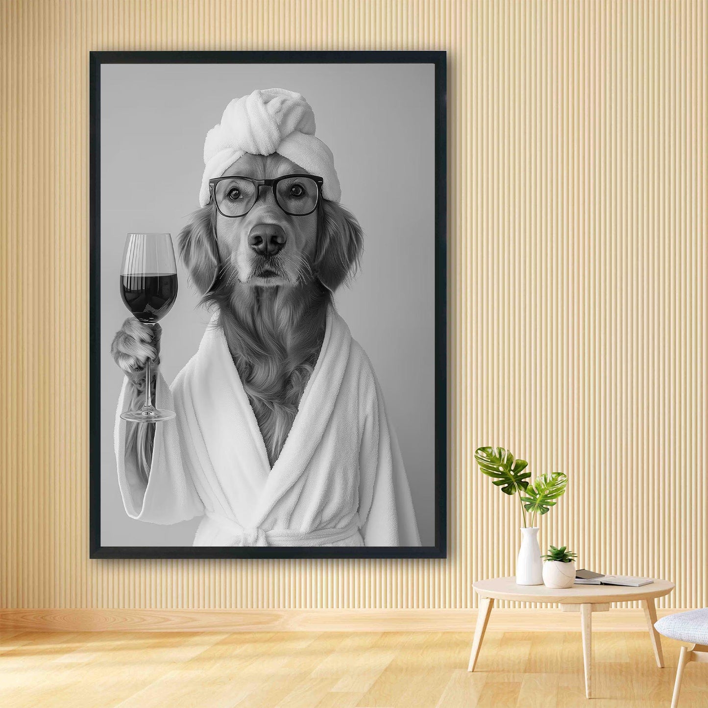 Golden Retriever in Bathrobe Dog and Wine Print, Funny Dog Spa Poster, Bathroom Wall Decor - Black and White