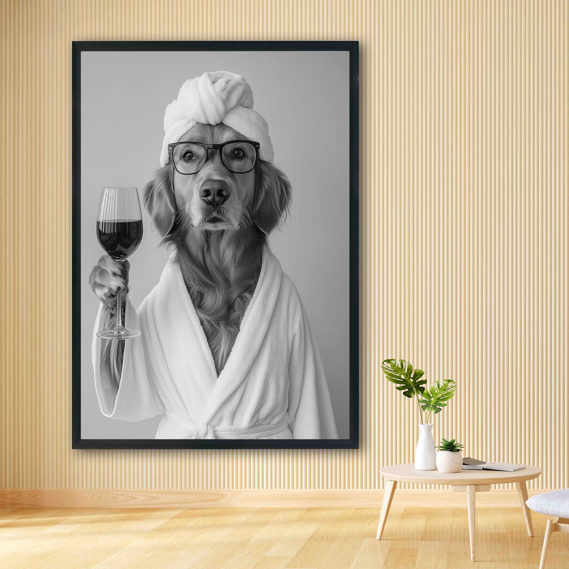 Golden Retriever in Bathrobe Dog and Wine Print, Funny Dog Spa Poster, Bathroom Wall Decor - Black and White