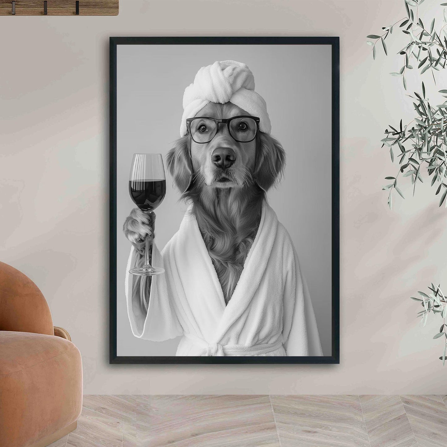 Golden Retriever in Bathrobe Dog and Wine Print, Funny Dog Spa Poster, Bathroom Wall Decor - Black and White
