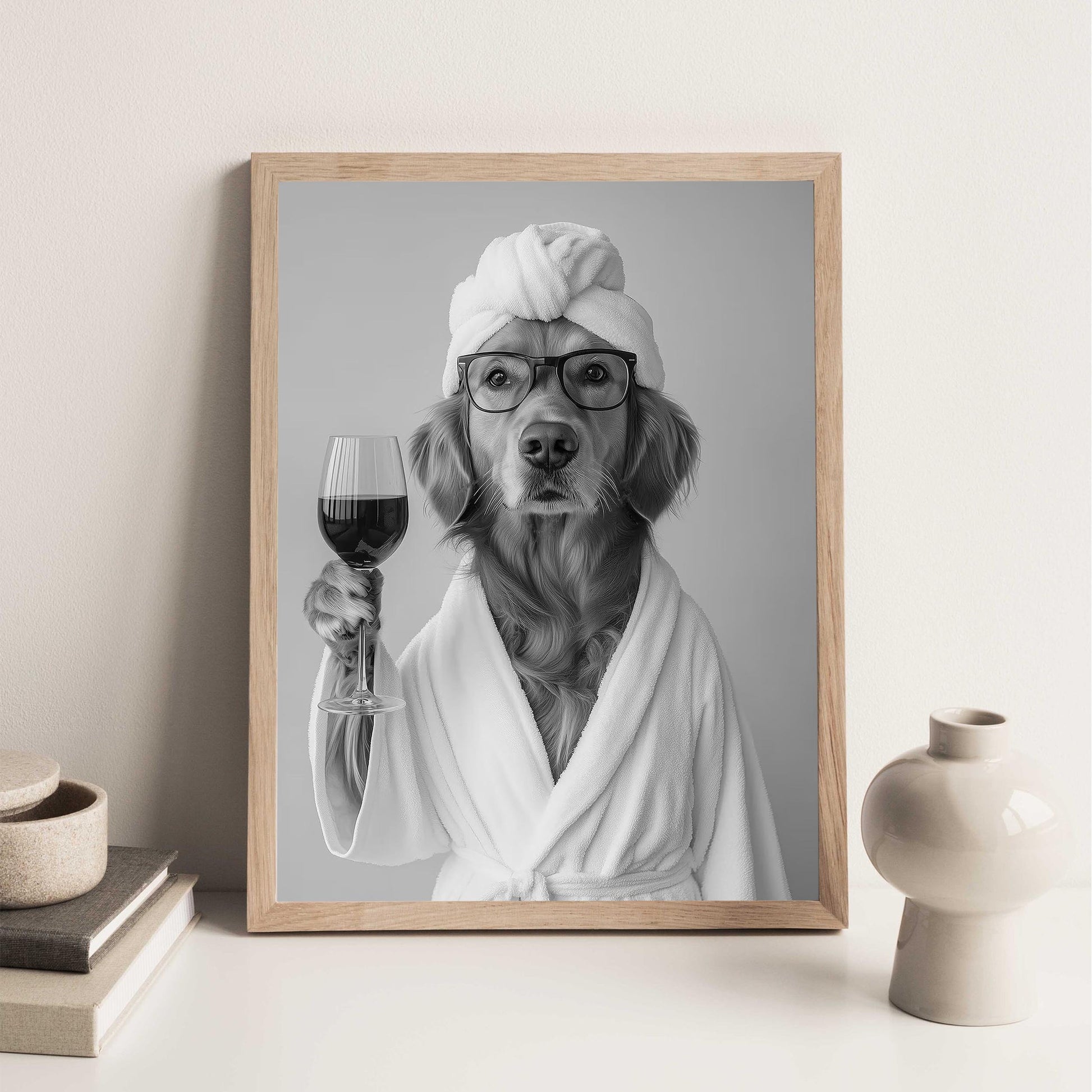 Golden Retriever in Bathrobe Dog and Wine Print, Funny Dog Spa Poster, Bathroom Wall Decor - Black and White