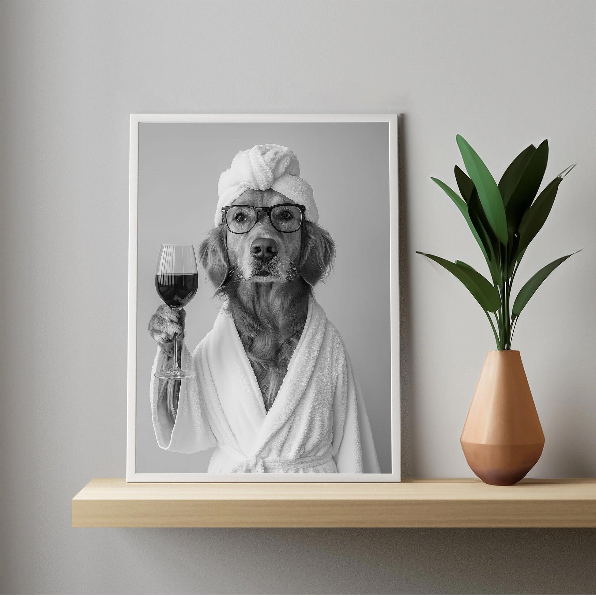 Golden Retriever in Bathrobe Dog and Wine Print, Funny Dog Spa Poster, Bathroom Wall Decor - Black and White