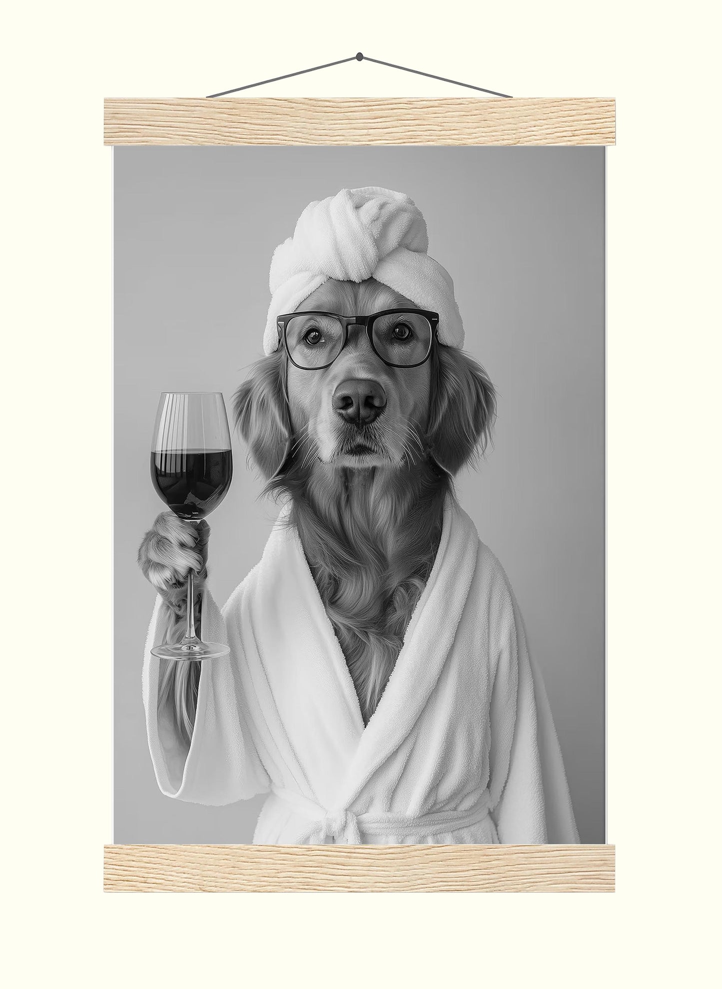 Golden Retriever in Bathrobe Dog and Wine Print, Funny Dog Spa Poster, Bathroom Wall Decor - Black and White
