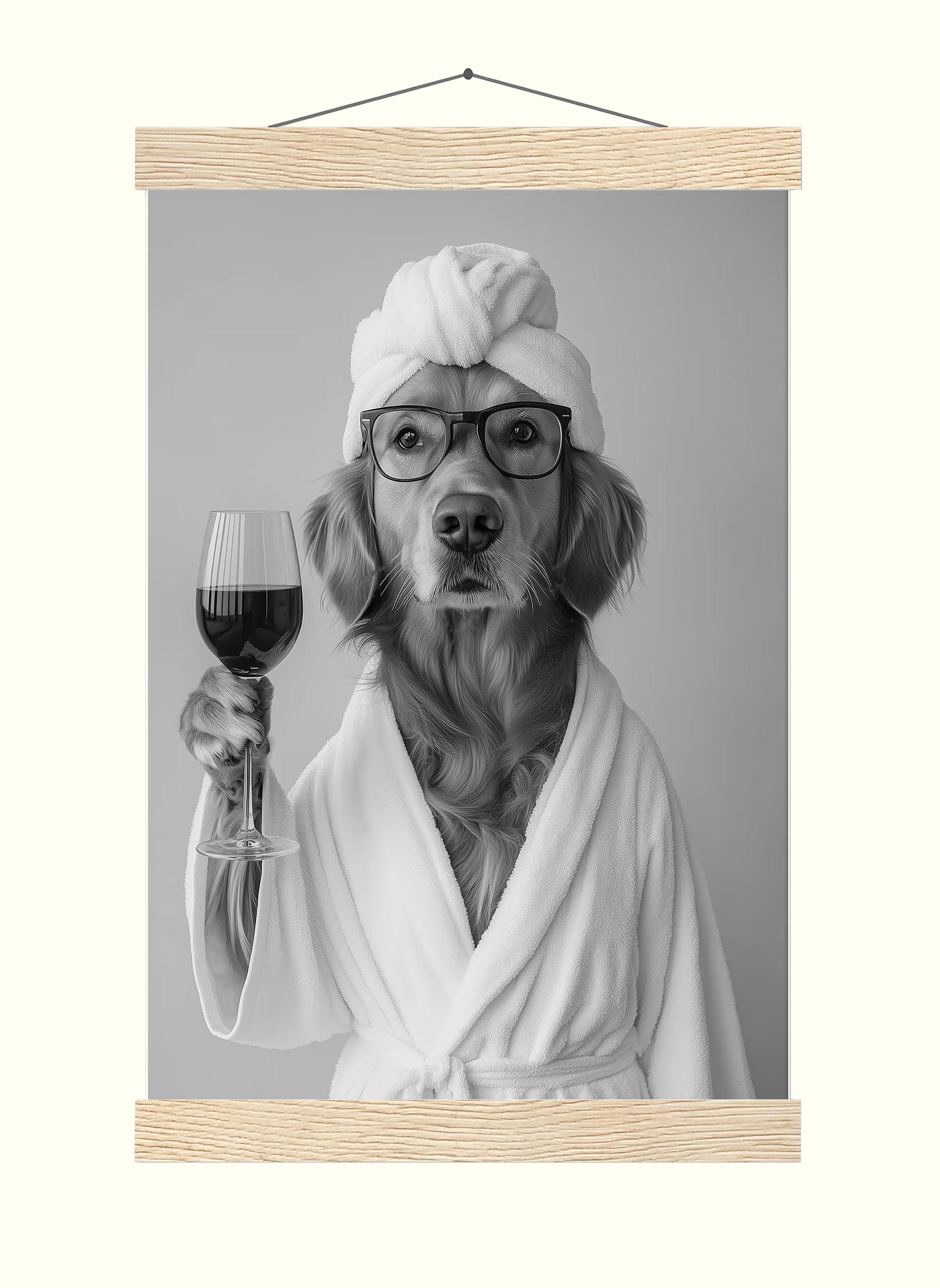 Golden Retriever in Bathrobe Dog and Wine Print, Funny Dog Spa Poster, Bathroom Wall Decor - Black and White