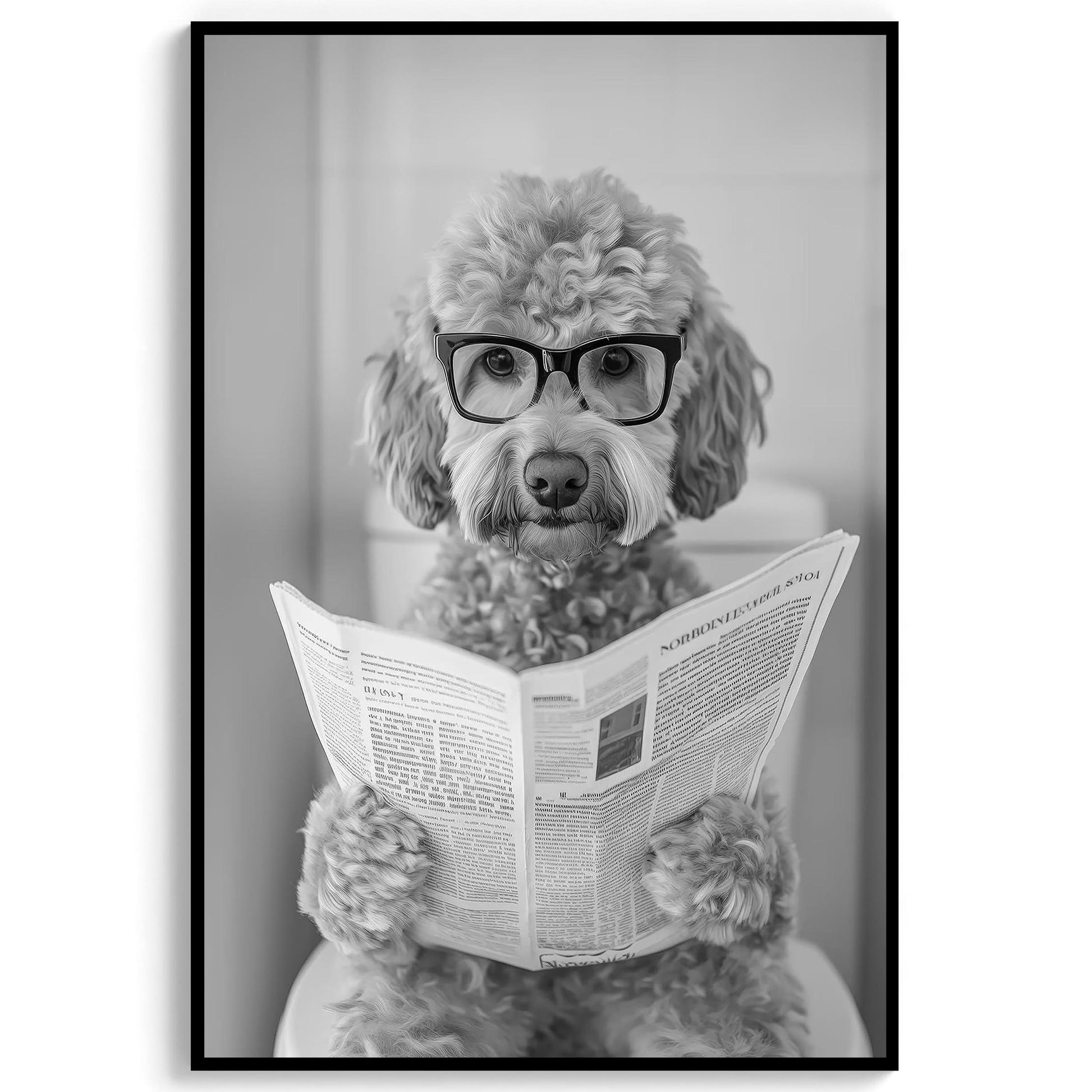 Goldendoodle Bathroom Wall Art – Funny Dog on Toilet Print, Doodle Reading Newspaper Poster, Bl