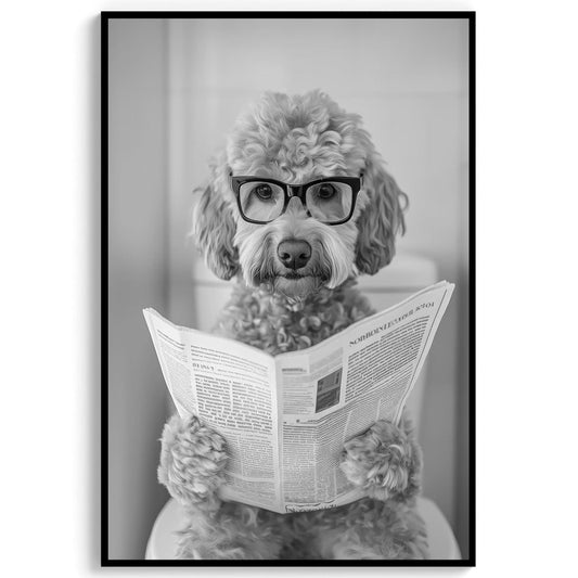Goldendoodle Bathroom Wall Art – Funny Dog on Toilet Print, Doodle Reading Newspaper Poster, Bl