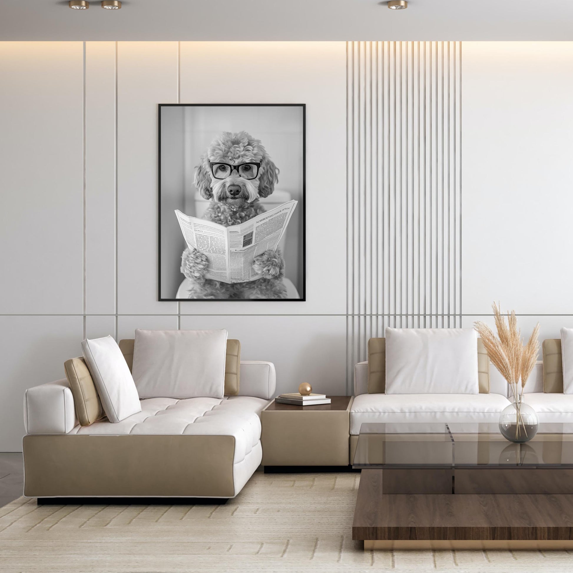 Goldendoodle Bathroom Wall Art – Funny Dog on Toilet Print, Doodle Reading Newspaper Poster, Bl