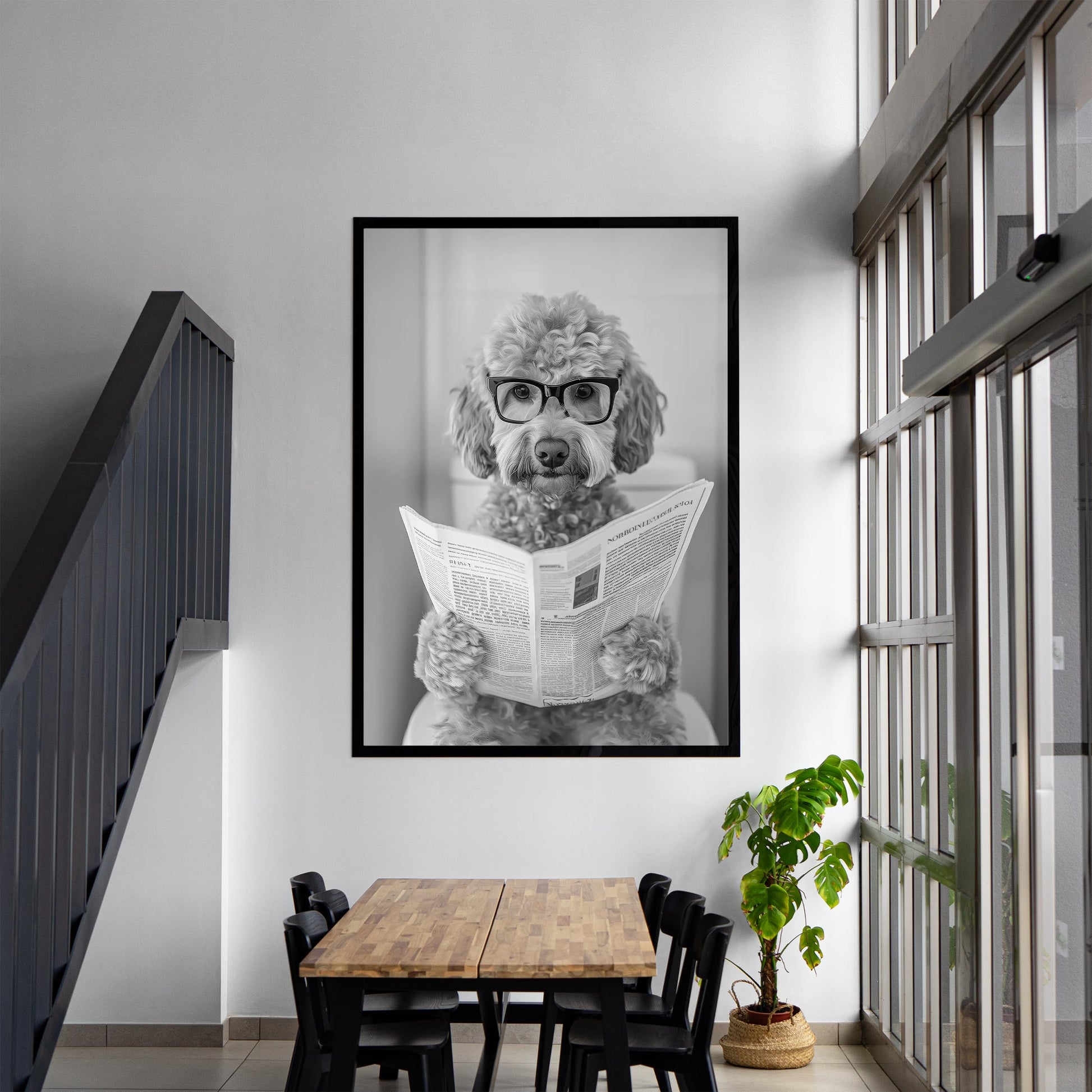 Goldendoodle Bathroom Wall Art – Funny Dog on Toilet Print, Doodle Reading Newspaper Poster, Bl