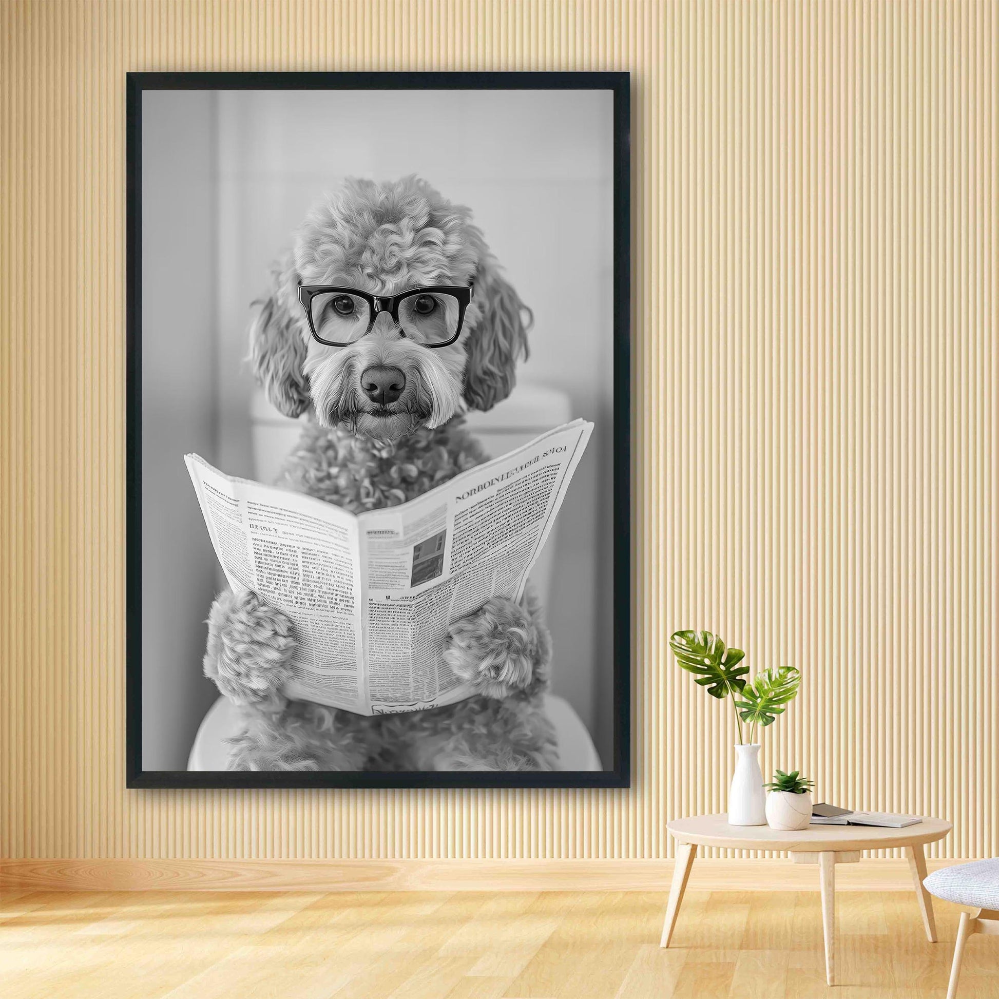Goldendoodle Bathroom Wall Art – Funny Dog on Toilet Print, Doodle Reading Newspaper Poster, Bl