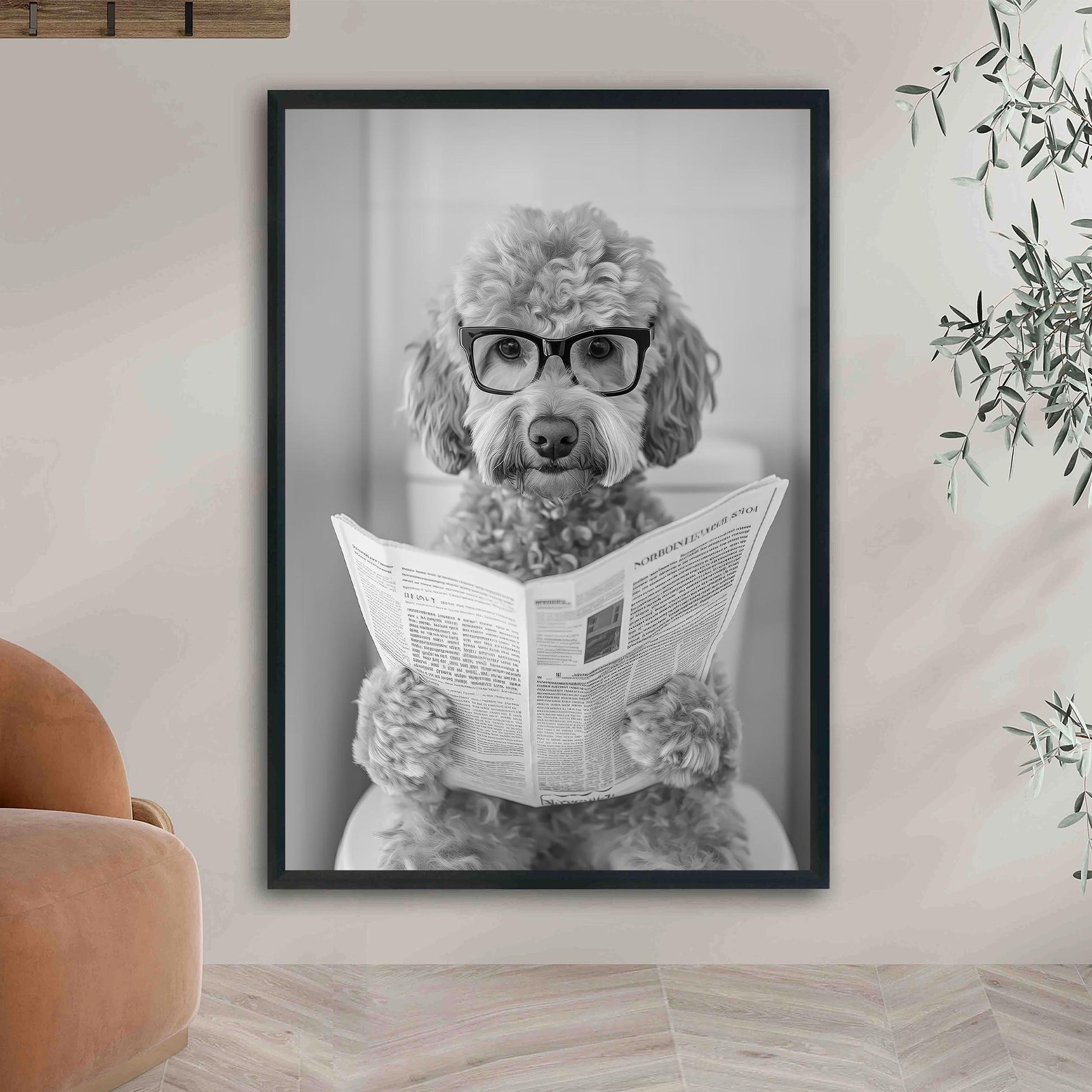 Goldendoodle Bathroom Wall Art – Funny Dog on Toilet Print, Doodle Reading Newspaper Poster, Bl