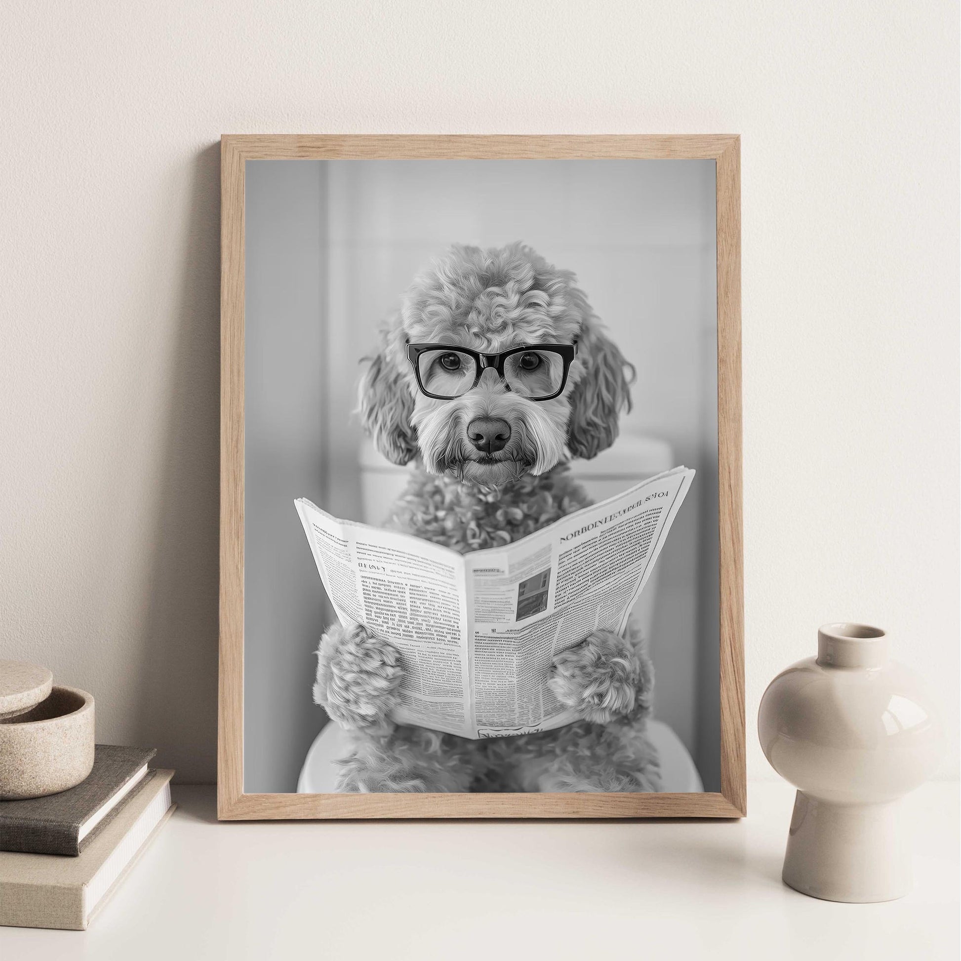 Goldendoodle Bathroom Wall Art – Funny Dog on Toilet Print, Doodle Reading Newspaper Poster, Bl