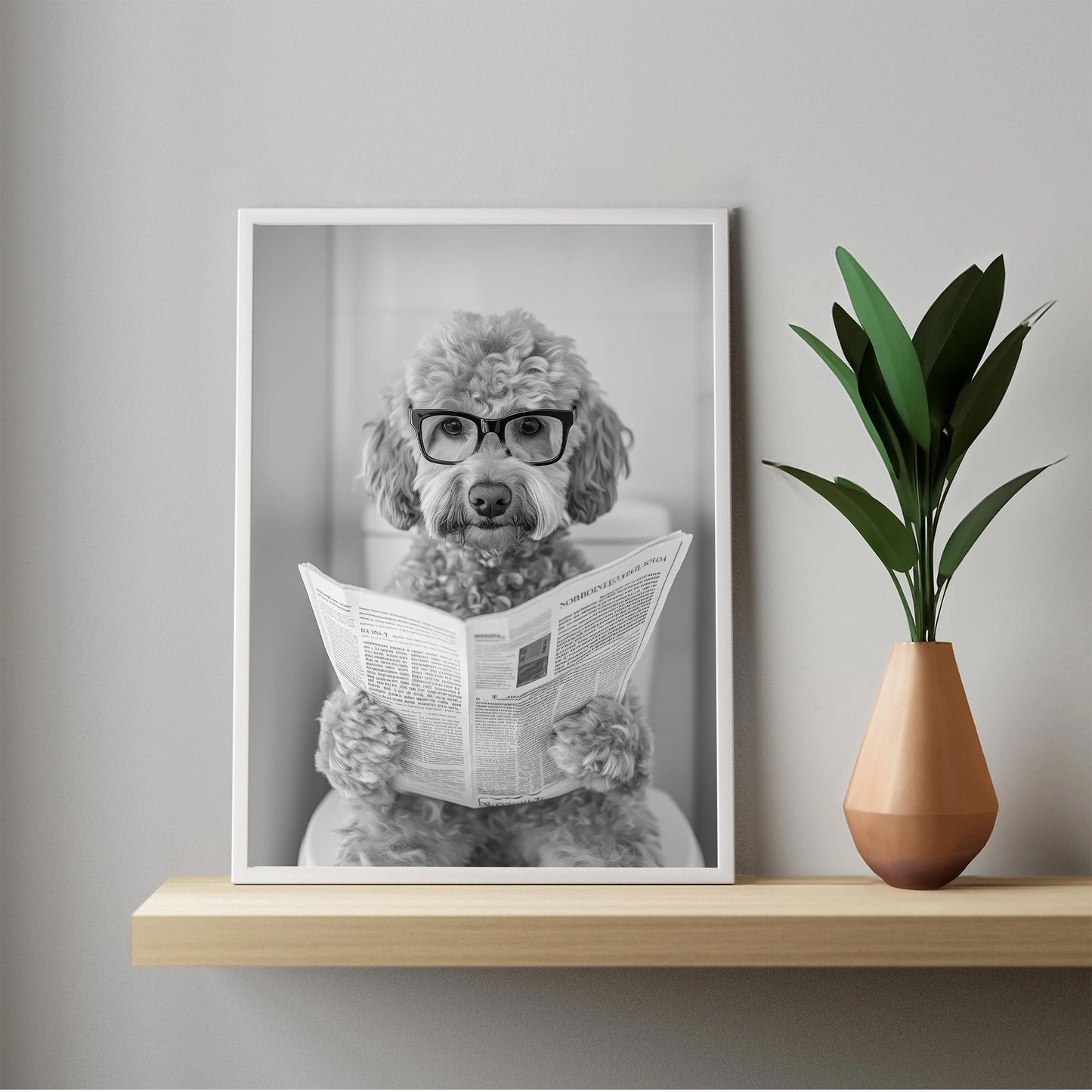 Goldendoodle Bathroom Wall Art – Funny Dog on Toilet Print, Doodle Reading Newspaper Poster, Bl