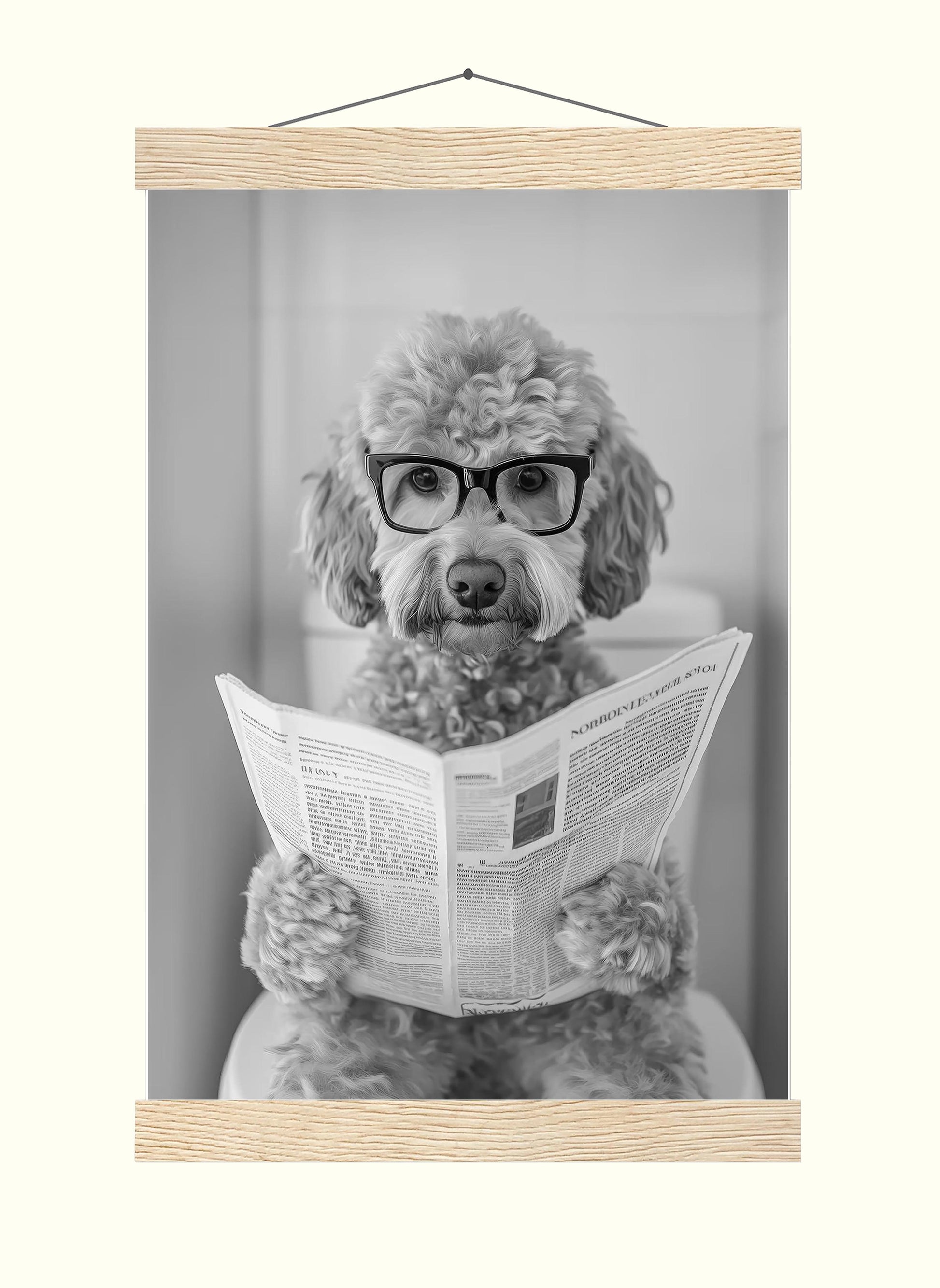 Goldendoodle Bathroom Wall Art – Funny Dog on Toilet Print, Doodle Reading Newspaper Poster, Bl