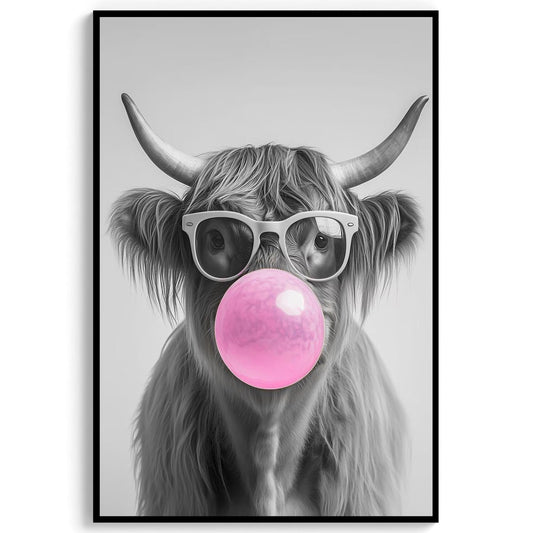 Highland Cow Bubble Gum Wall Art Funny Animal Print, Trendy Cow Poster, Quirky Black and White Farmhouse Decor