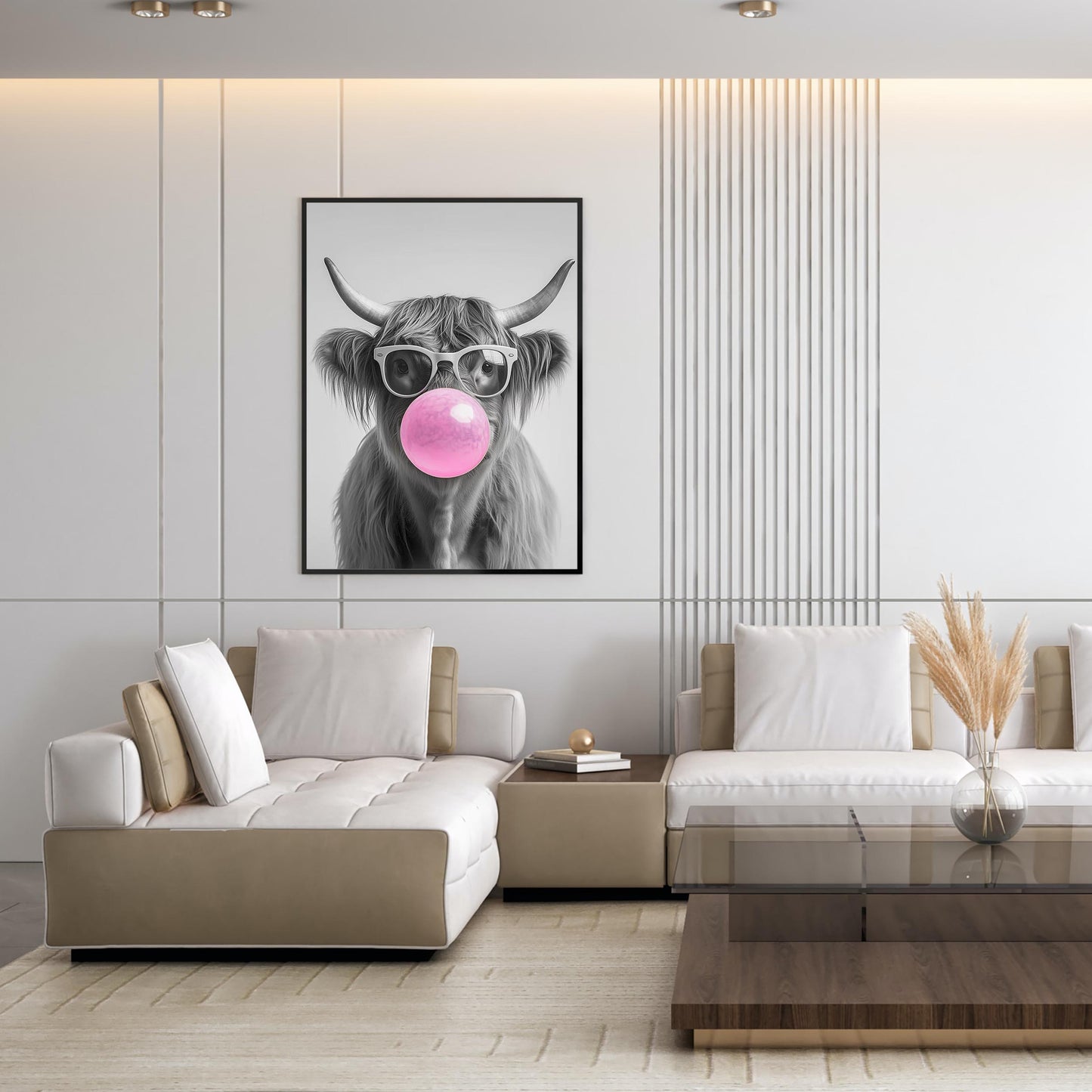 Highland Cow Bubble Gum Wall Art Funny Animal Print, Trendy Cow Poster, Quirky Black and White Farmhouse Decor