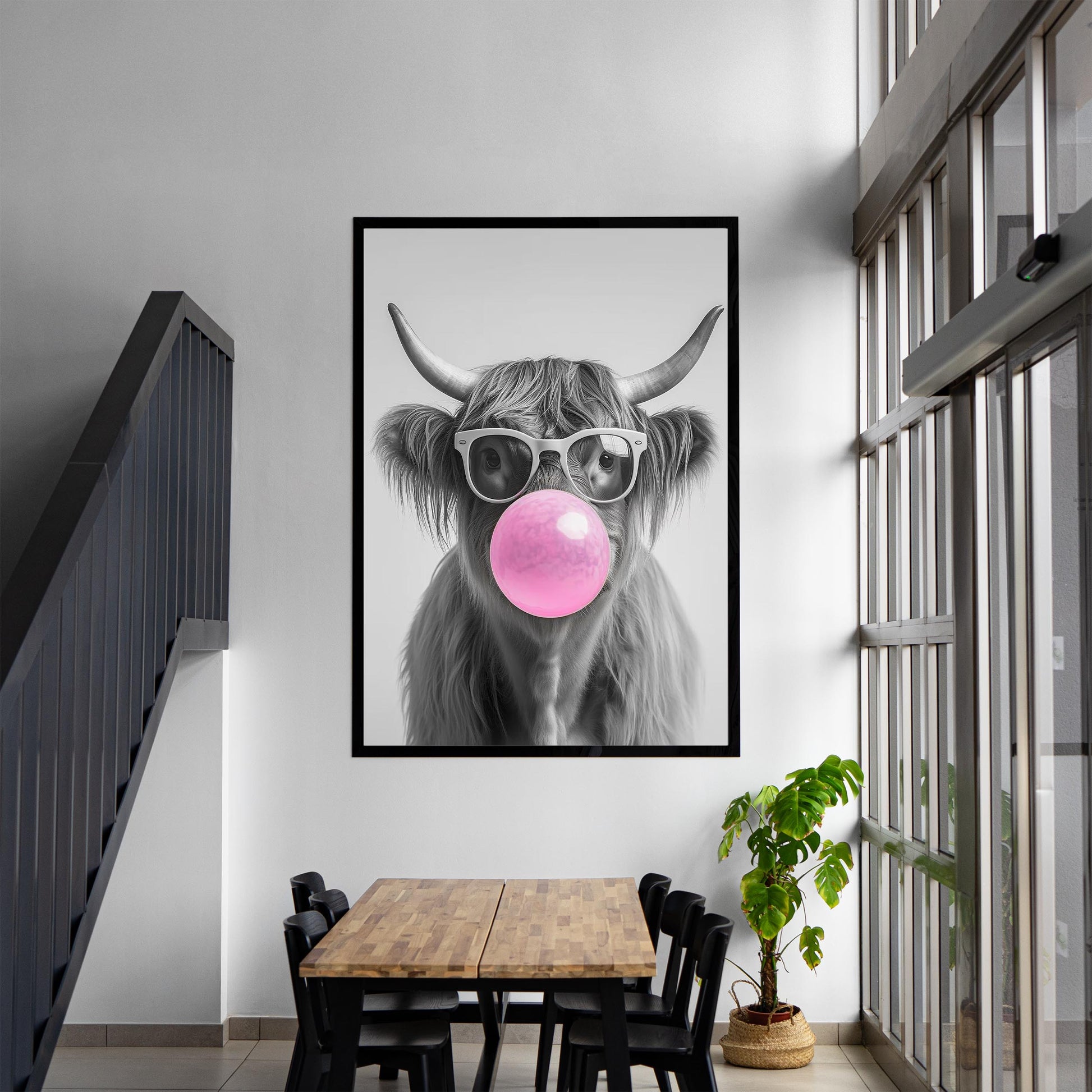 Highland Cow Bubble Gum Wall Art Funny Animal Print, Trendy Cow Poster, Quirky Black and White Farmhouse Decor