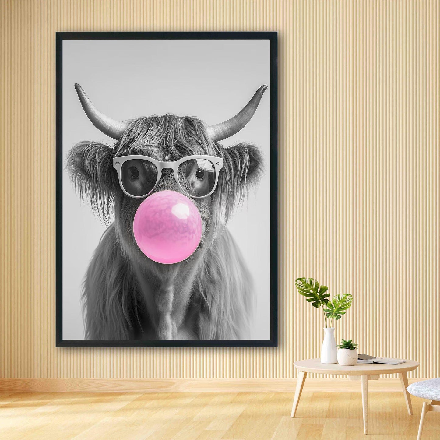 Highland Cow Bubble Gum Wall Art Funny Animal Print, Trendy Cow Poster, Quirky Black and White Farmhouse Decor
