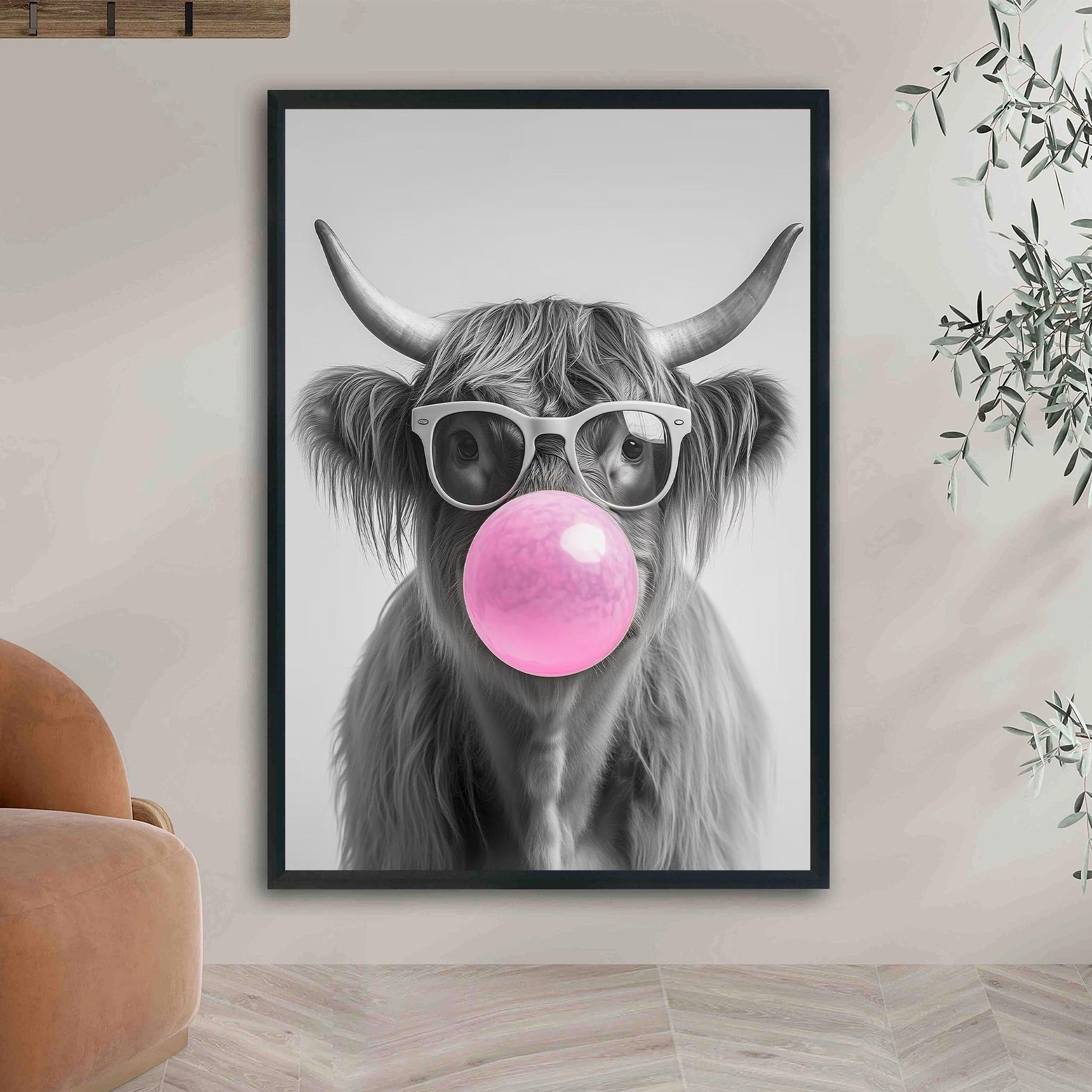Highland Cow Bubble Gum Wall Art Funny Animal Print, Trendy Cow Poster, Quirky Black and White Farmhouse Decor