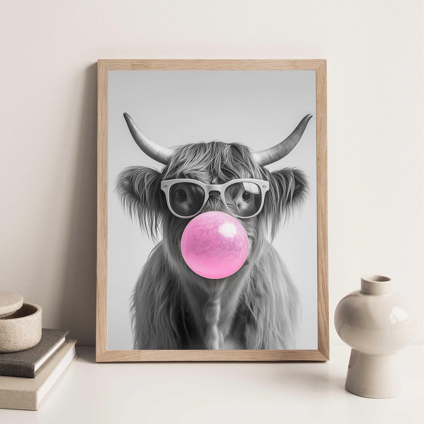 Highland Cow Bubble Gum Wall Art Funny Animal Print, Trendy Cow Poster, Quirky Black and White Farmhouse Decor