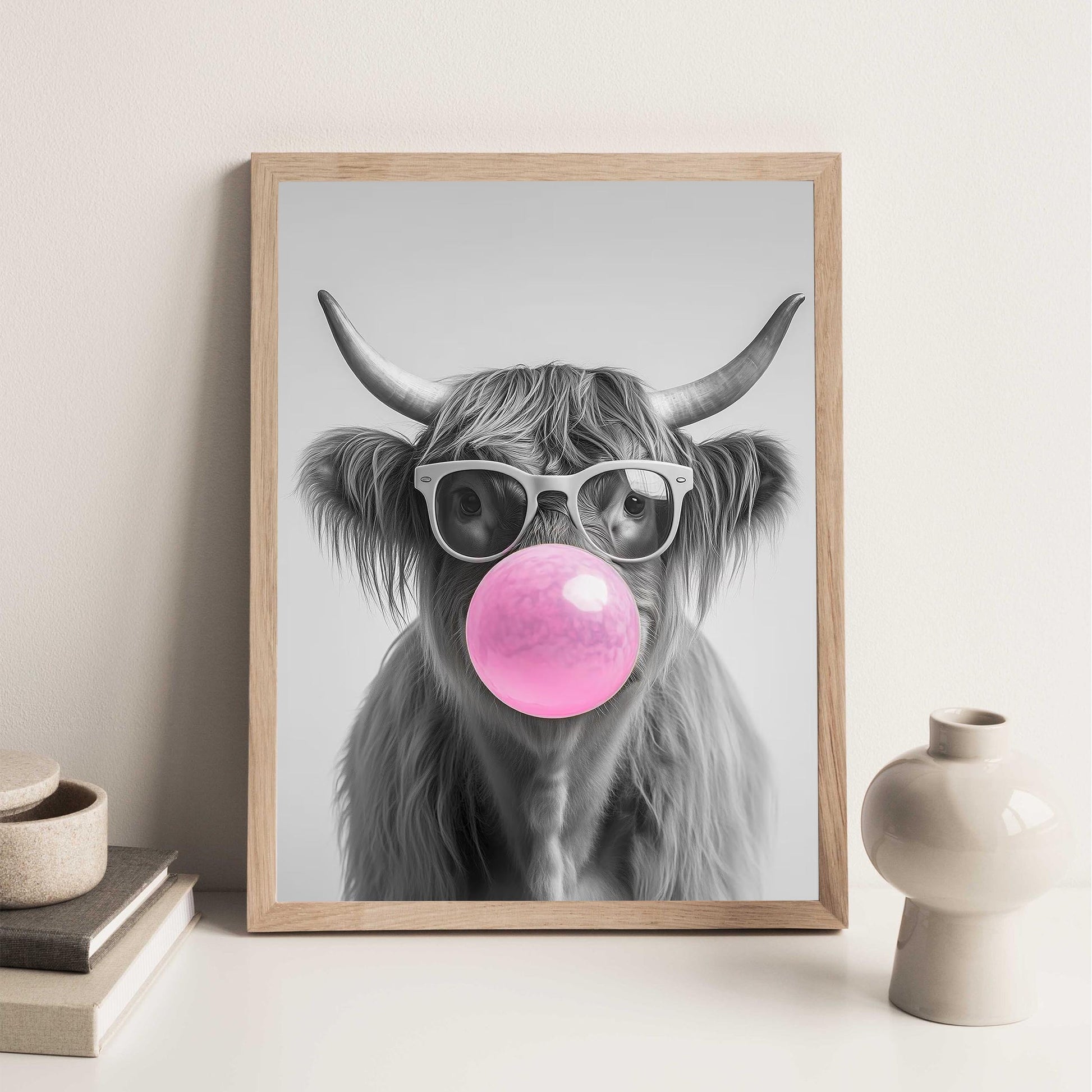 Highland Cow Bubble Gum Wall Art Funny Animal Print, Trendy Cow Poster, Quirky Black and White Farmhouse Decor